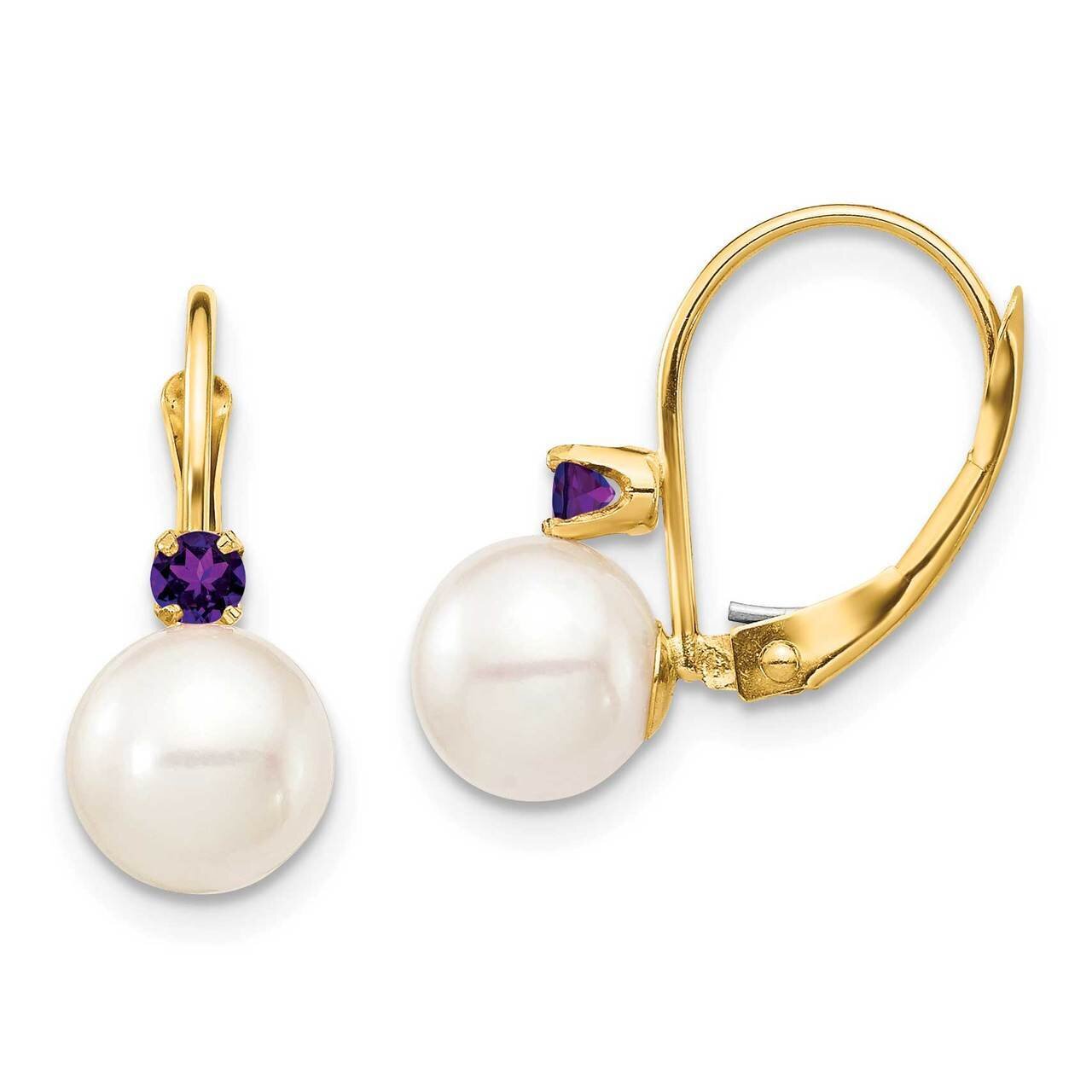 7-7.5mm White Round Freshwater Cultured Pearl Amethyst Leverback Earrings 14k Gold XF751E_AM, MPN: …