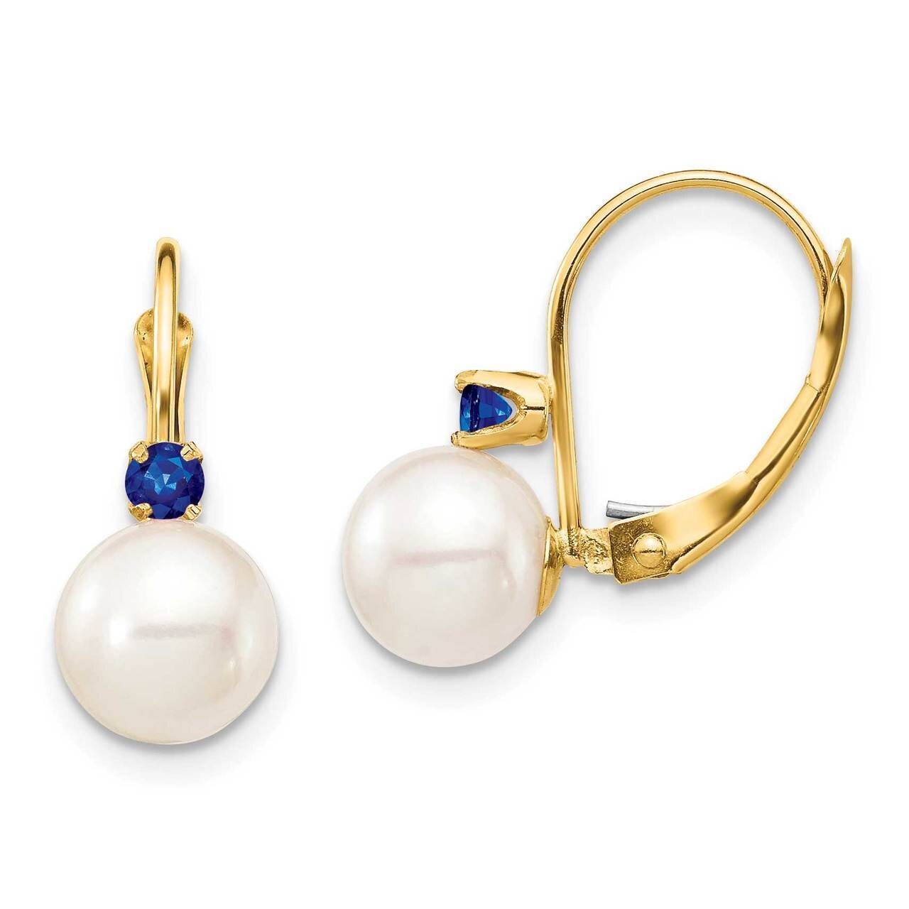 7-7.5mm White Round Freshwater Cultured Pearl Sapphire Leverback Earrings 14k Gold XF751E_S