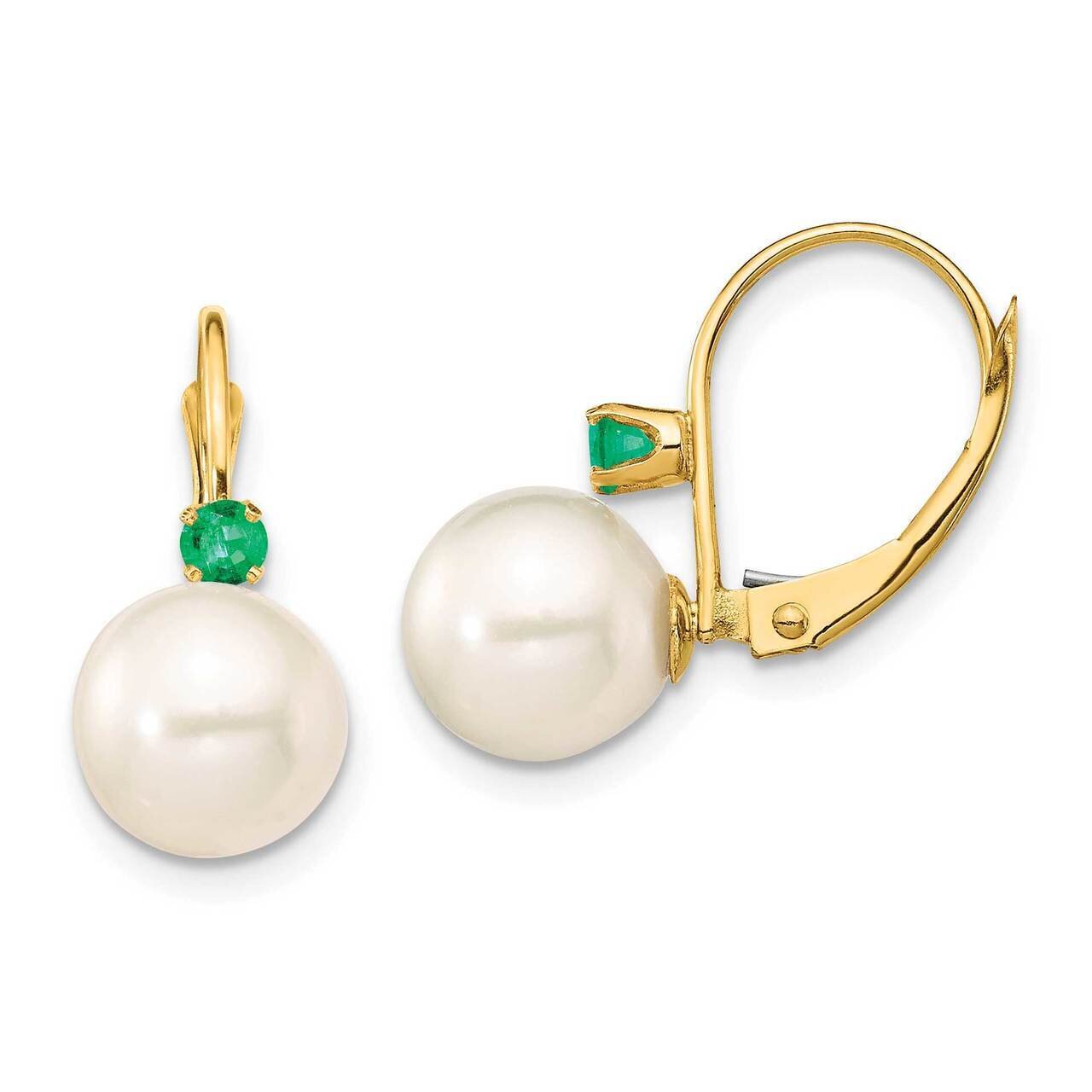 8-8.5mm White Round Freshwater Cultured Pearl Emerald Leverback Earrings 14k Gold XF752E_E, MPN: XF…