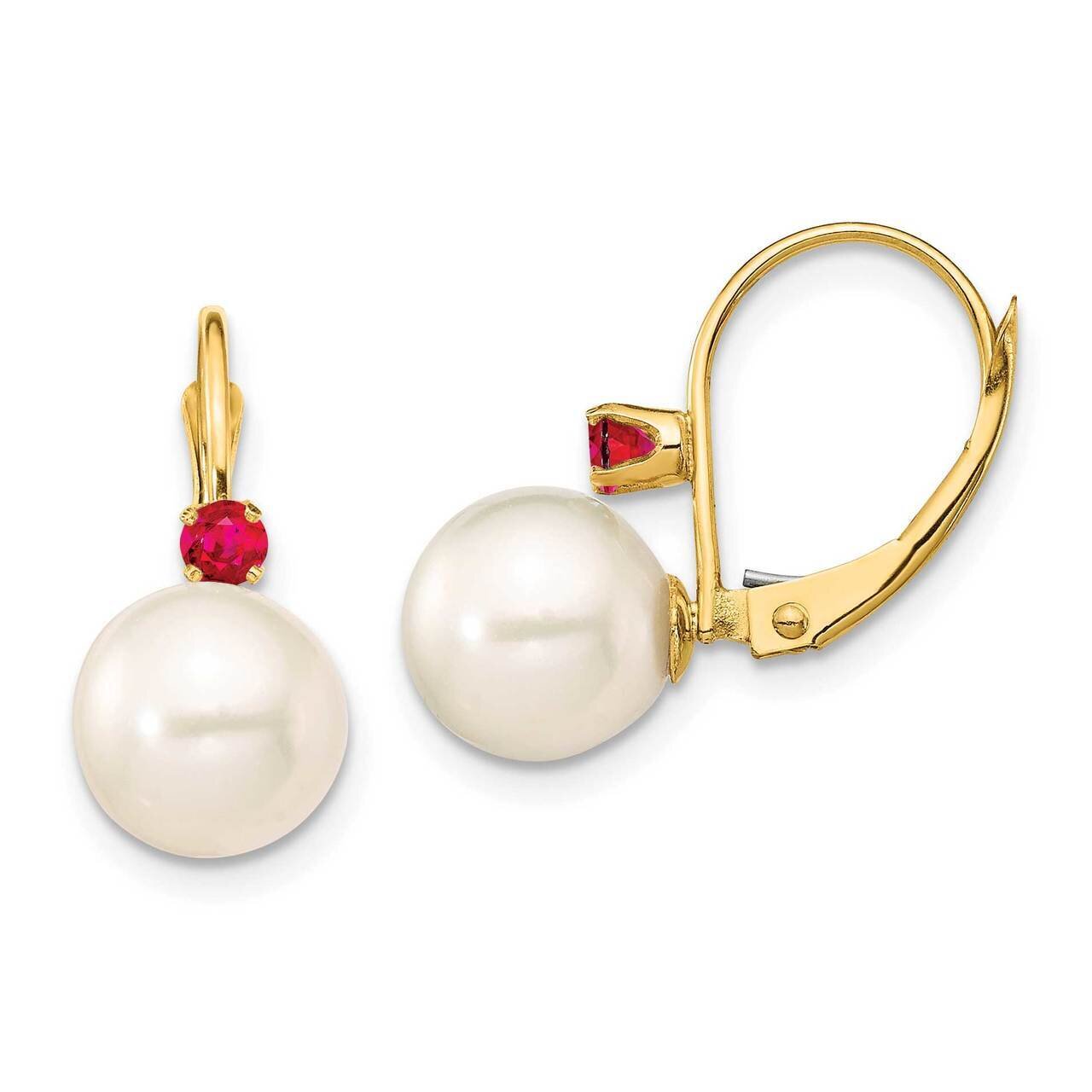 8-8.5mm White Round Freshwater Cultured Pearl Ruby Leverback Earrings 14k Gold XF752E_R