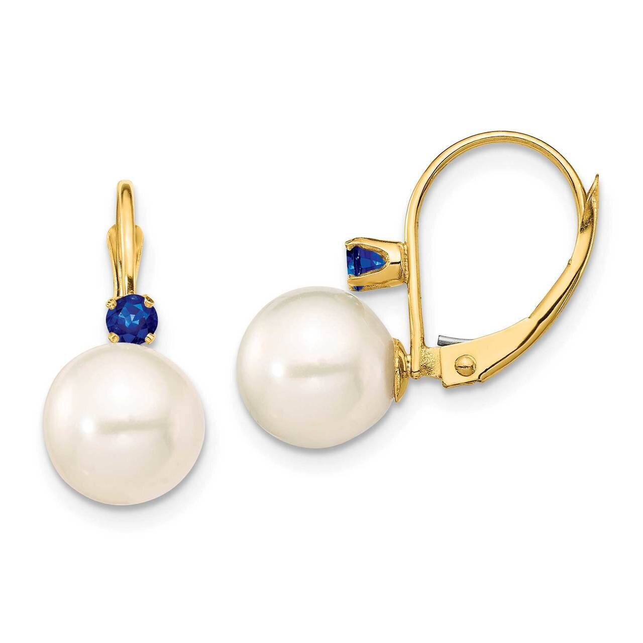 8-8.5mm White Round Freshwater Cultured Pearl Sapphire Leverback Earrings 14k Gold XF752E_S, MPN: X…