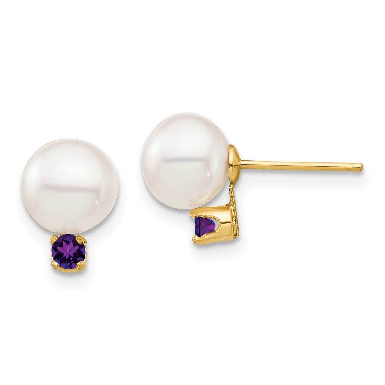 7-7.5mm White Round Freshwater Cultured Pearl Amethyst Post Earrings 14k Gold XF753E_AM, MPN: XF753…
