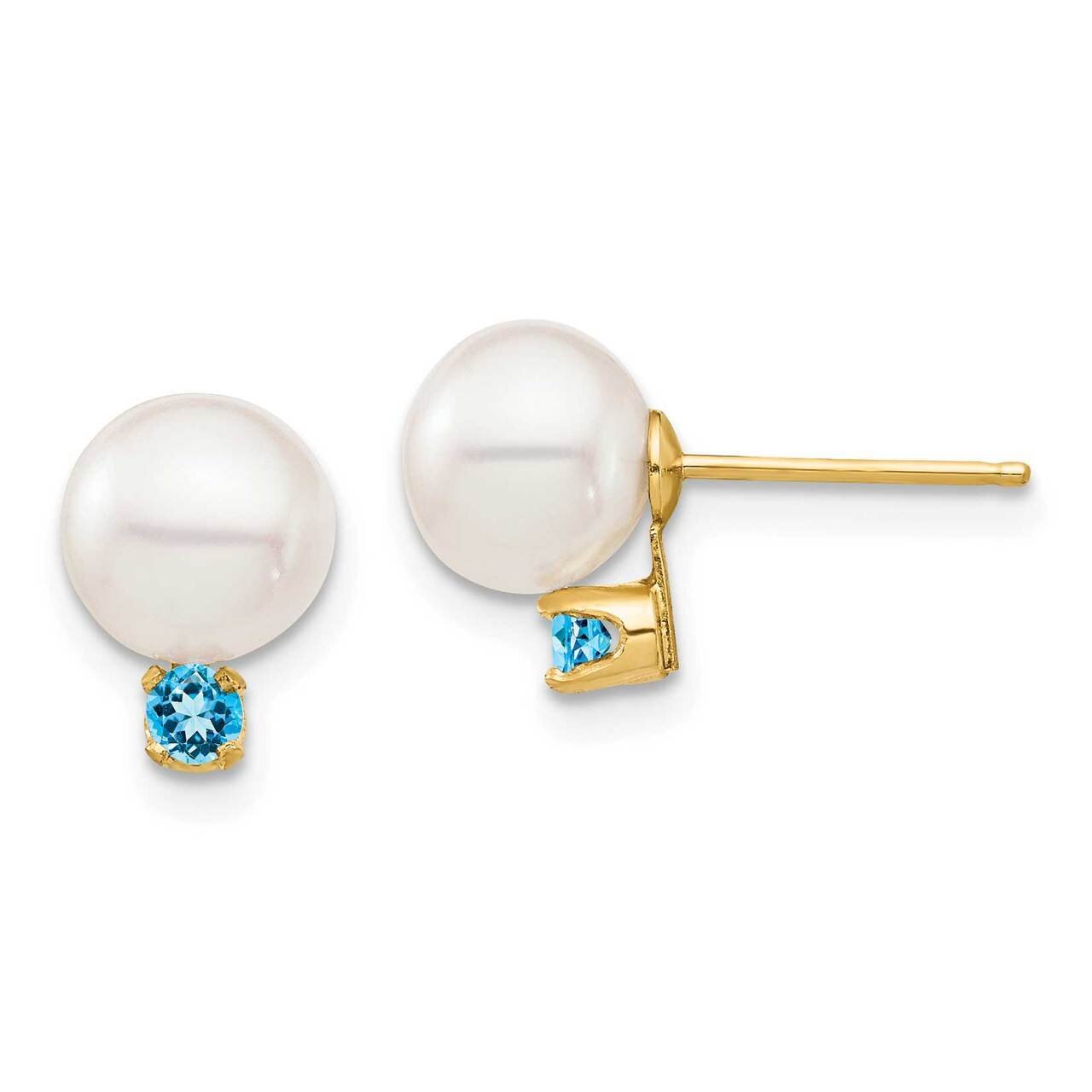 7-7.5mm White Round Freshwater Cultured Pearl Swiss Blue Topaz Post Earrings 14k Gold XF753E_BT