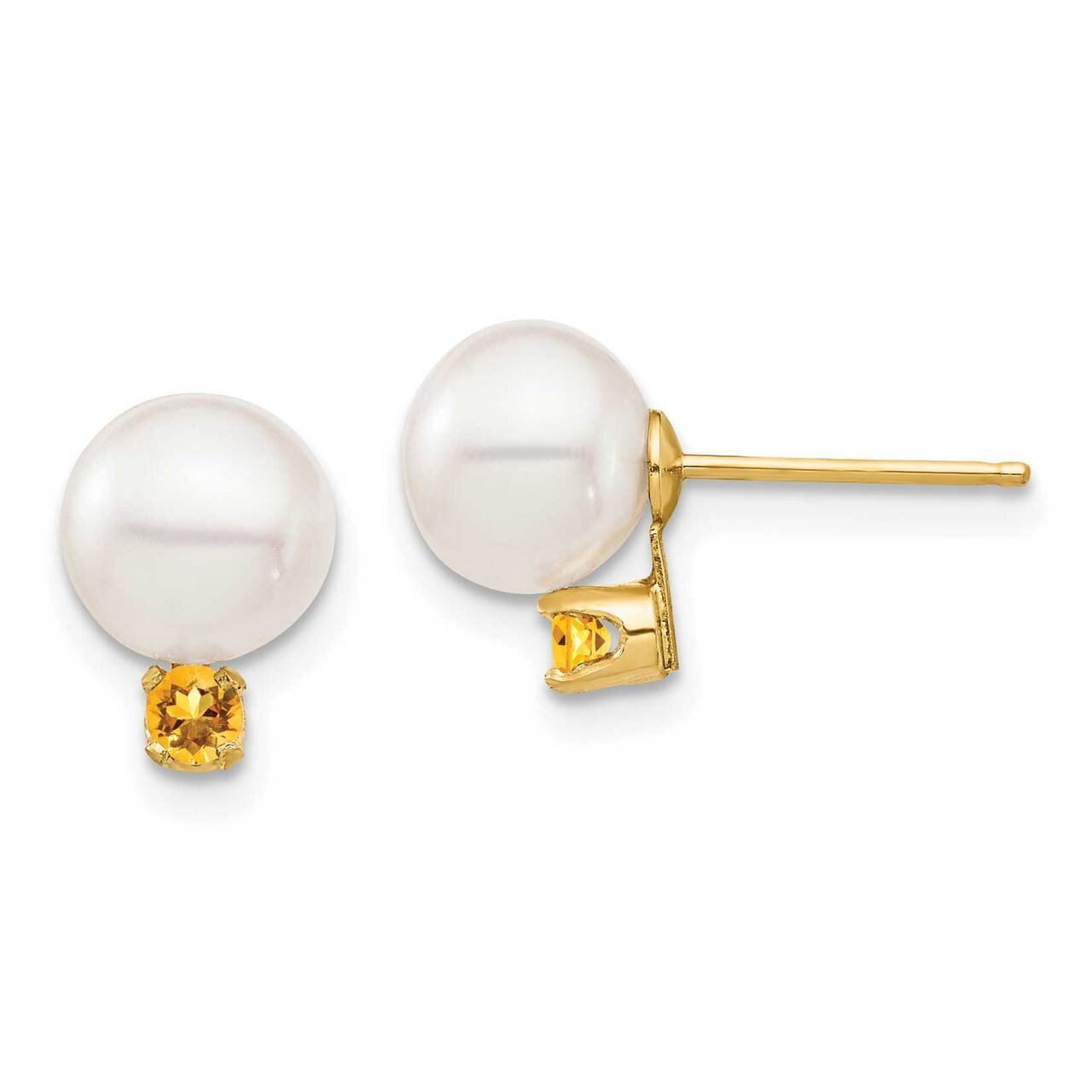 7-7.5mm White Round Freshwater Cultured Pearl Citrine Post Earrings 14k Gold XF753E_CI