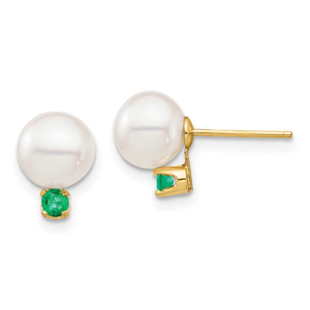 7-7.5mm White Round Freshwater Cultured Pearl Emerald Post Earrings 14k Gold XF753E_E, MPN: XF753E_…