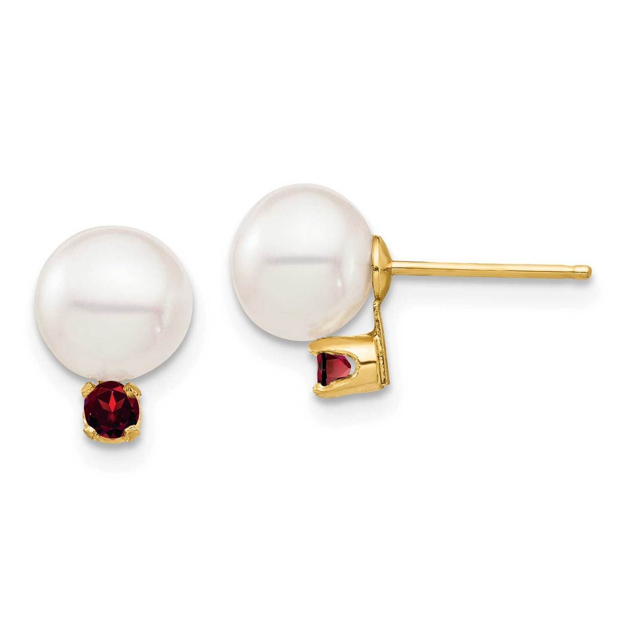 7-7.5mm White Round Freshwater Cultured Pearl Garnet Post Earrings 14k Gold XF753E_GA