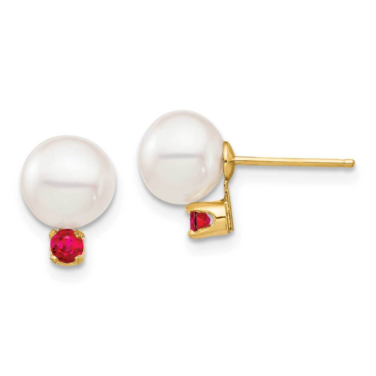 7-7.5mm White Round Freshwater Cultured Pearl Ruby Post Earrings 14k Gold XF753E_R