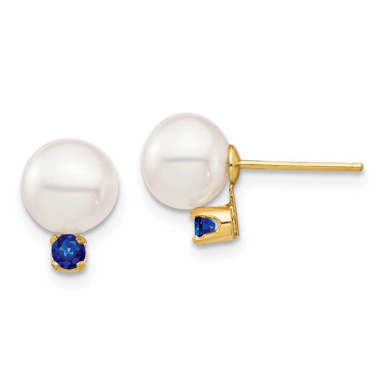 7-7.5mm White Round Freshwater Cultured Pearl Sapphire Post Earrings 14k Gold XF753E_S