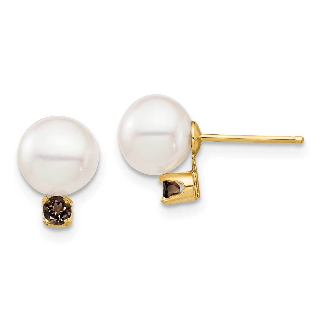7-7.5mm White Round Freshwater Cultured Pearl Smokey Quartz Post Earrin 14k Gold XF753E_SQ, MPN: XF…