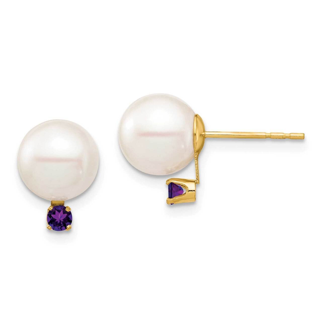 8-8.5mm White Round Freshwater Cultured Pearl Amethyst Post Earrings 14k Gold XF754E_AM