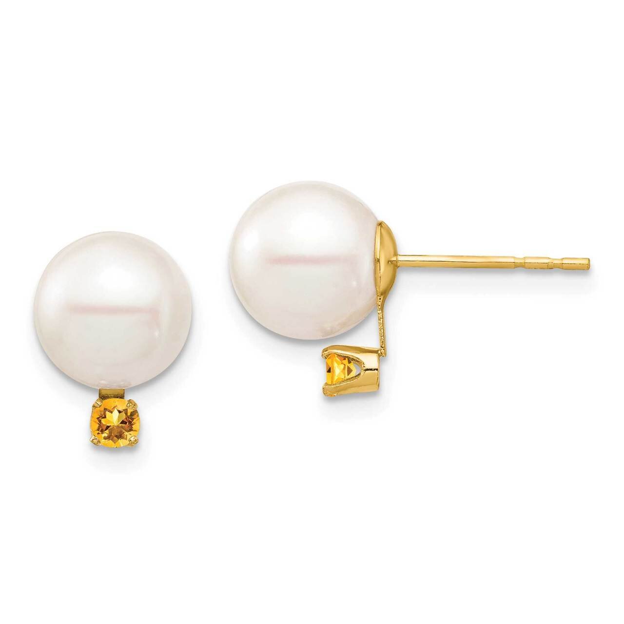 8-8.5mm White Round Freshwater Cultured Pearl Citrine Post Earrings 14k Gold XF754E_CI