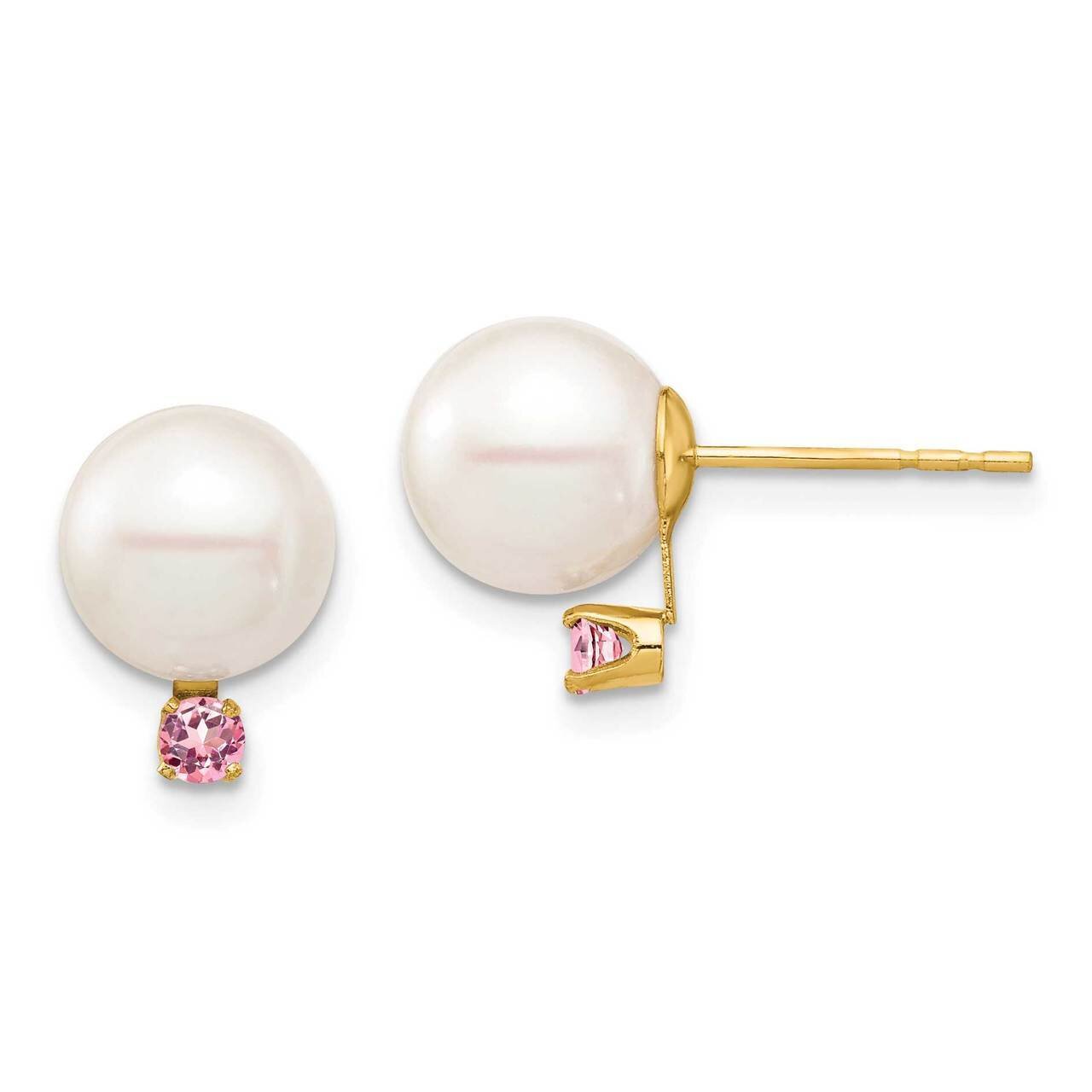 8-8.5mm White Round Freshwater Cultured Pearl Pink Topaz Post Earrings 14k Gold XF754E_PT