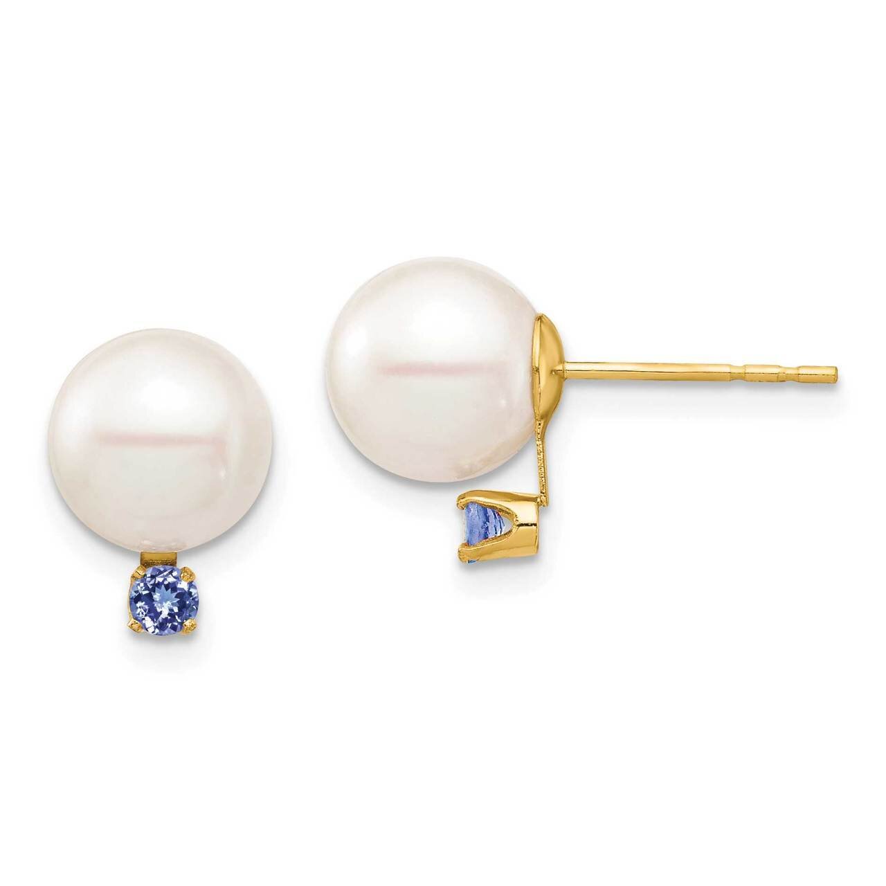 8-8.5mm White Round Freshwater Cultured Pearl Tanzanite Post Earrings 14k Gold XF754E_TZ