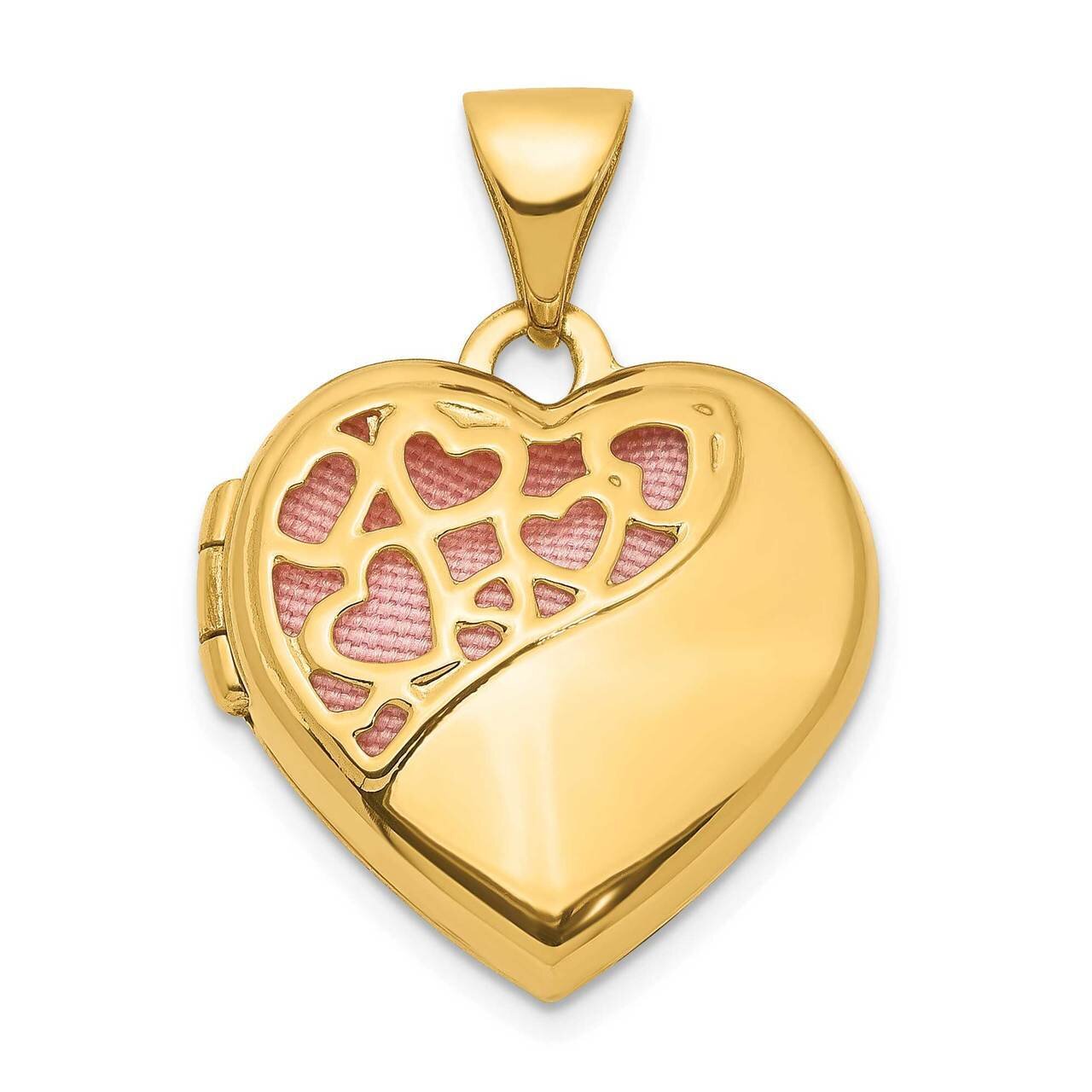 Hearts Cut Out 16mm with Pink Fabric Diamond Heart Locket Pendant 14k Gold XL765