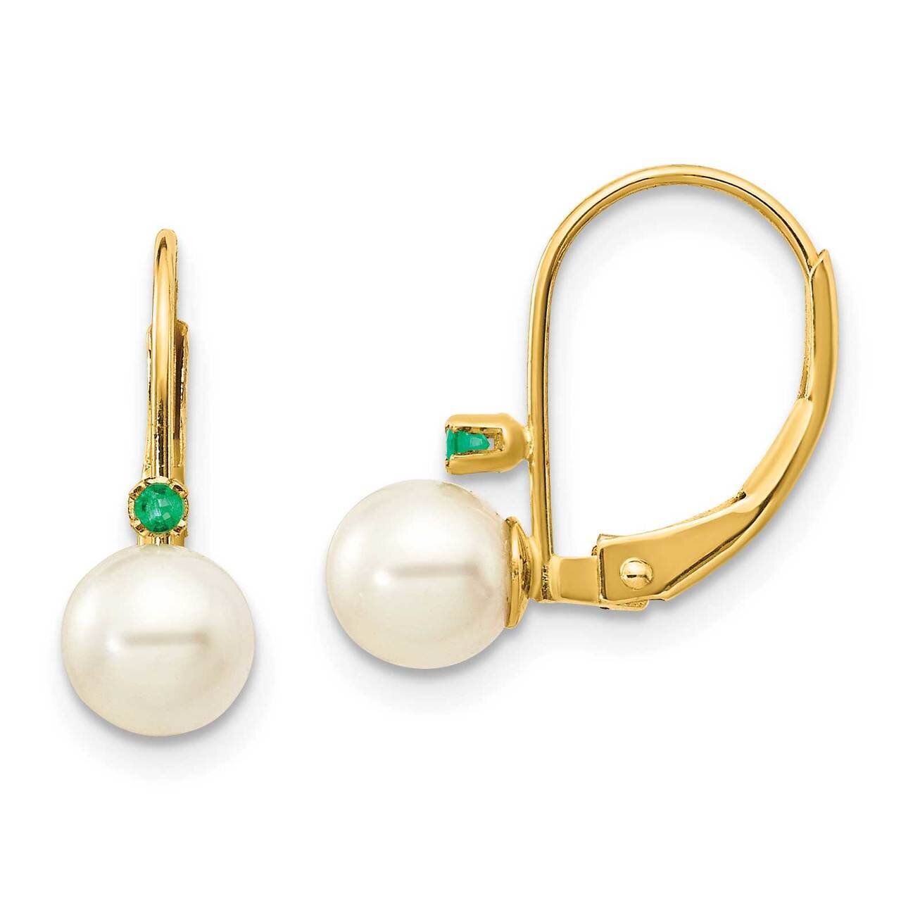 5-5.5mm White Round Freshwater Cultured Pearl Emerald Leverback Earrings 14k Gold XLB50E_PL