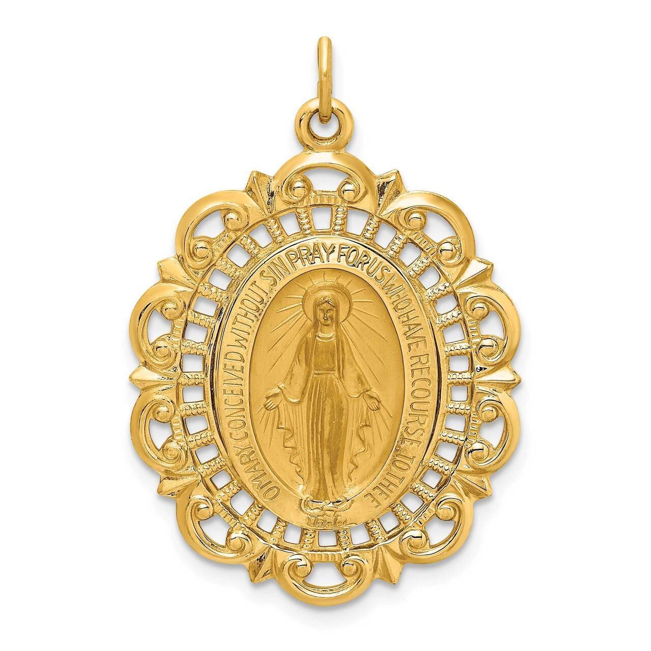 Fancy Pierced Oval Miraculous Medal 14k Gold Solid Polished Satin XR1764