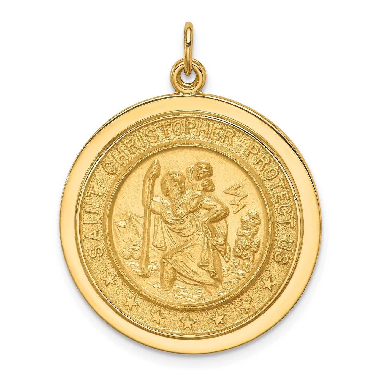 Medium Round Disc St. Christopher Medal 14k Gold Solid Polished Satin XR1798