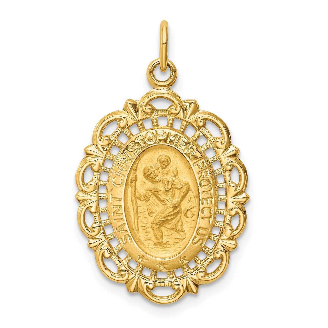 Medium Fancy Pierced Oval St. Christopher Medal 14k Gold Solid Polished Satin XR1801