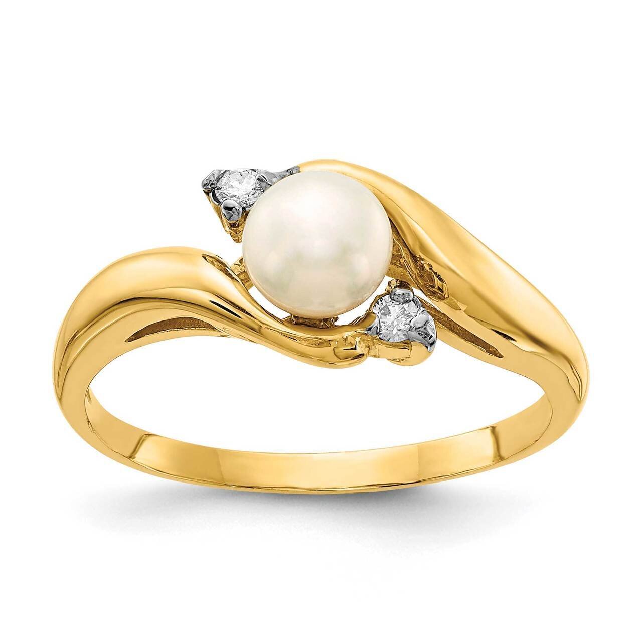 5-6mm White Button Freshwater Cultured Pearl .04tw Diamond Ring 14k Gold Y13942PL_A