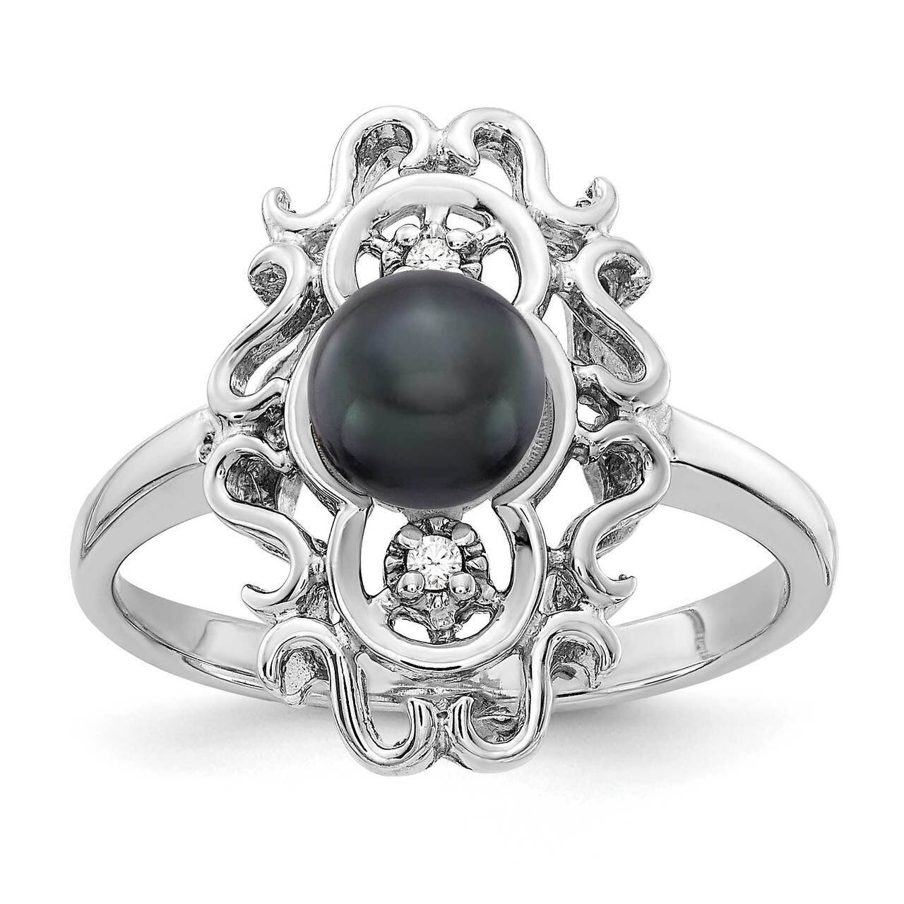 5.5mm Black Freshwater Cultured Pearl Diamond Ring 14k White Gold Y1907BP_AA
