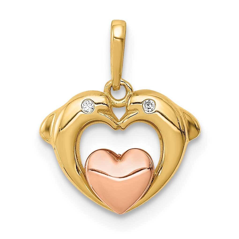 Dolphins with Heart Pendant 14k Two-tone Gold CZ Diamond YC1366, MPN: YC1366, 883957954059