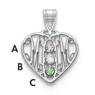 3 Birthstones MOM in Heart Pendant 10k White Gold with 14k Gold Bezels 10XNA886/3W