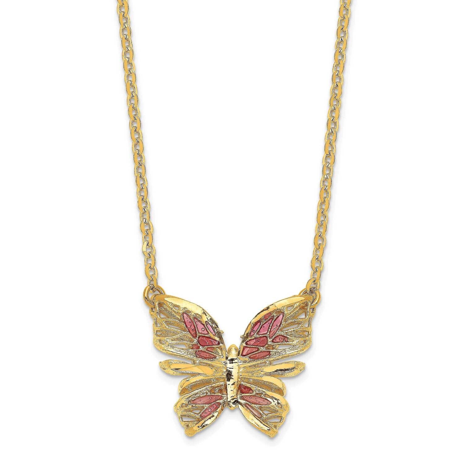 Diamond-cut with Pink Enamel Butterfly Necklace 14k Gold Polished HB-LF1400-18