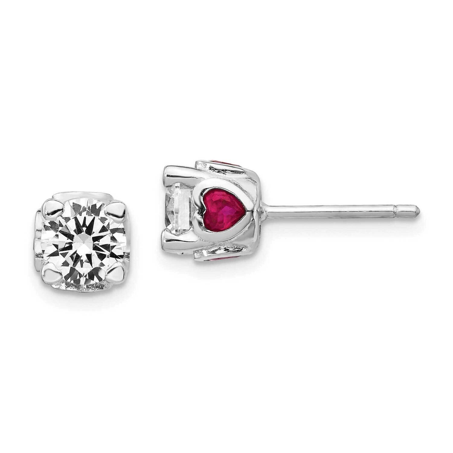 CZ Diamond with Created Ruby Hearts Post Earrings Sterling Silver Rhodium-plated QCM1141, MPN: QCM1…