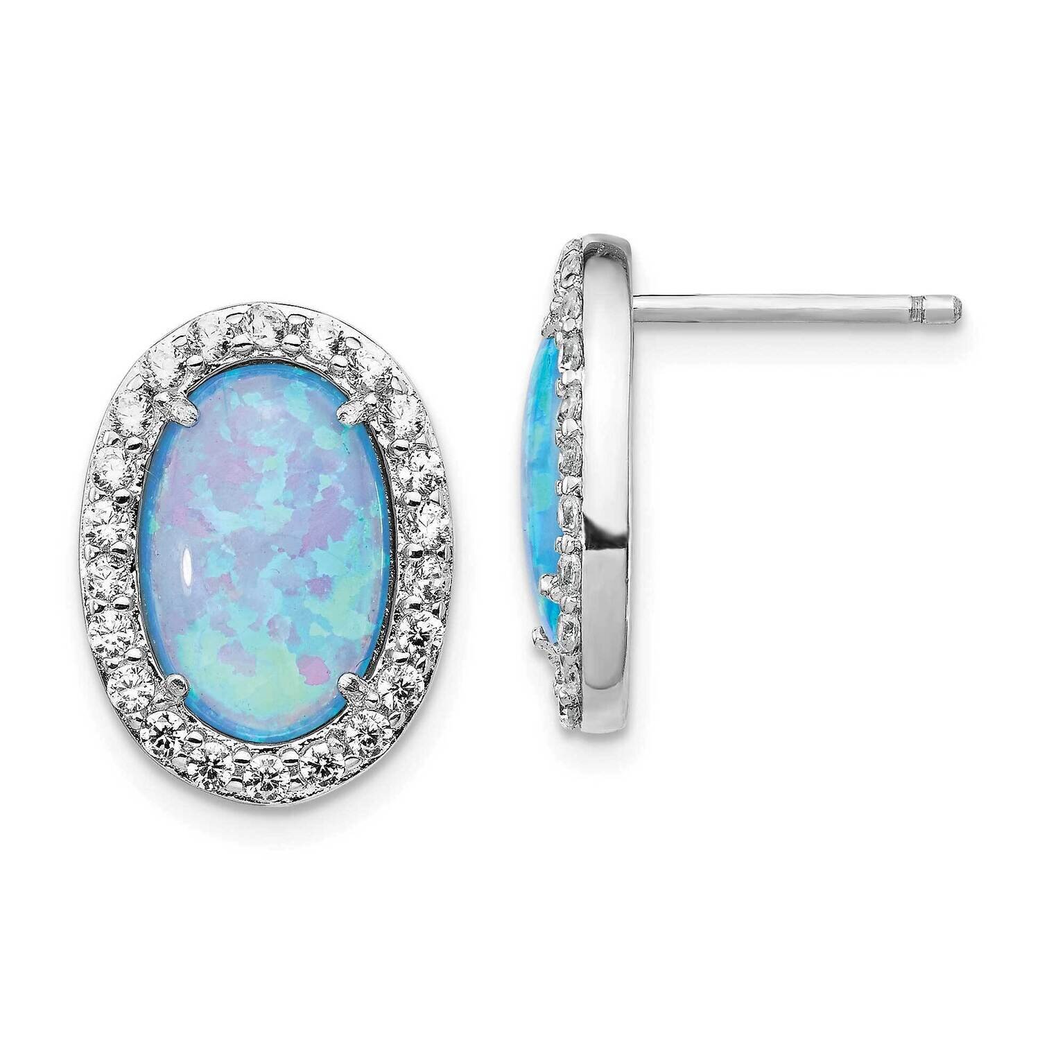 CZ Diamond &amp; Created Blue Opal Post Earrings Sterling Silver Rhodium Plated QCM1383, MPN: QCM1383, …
