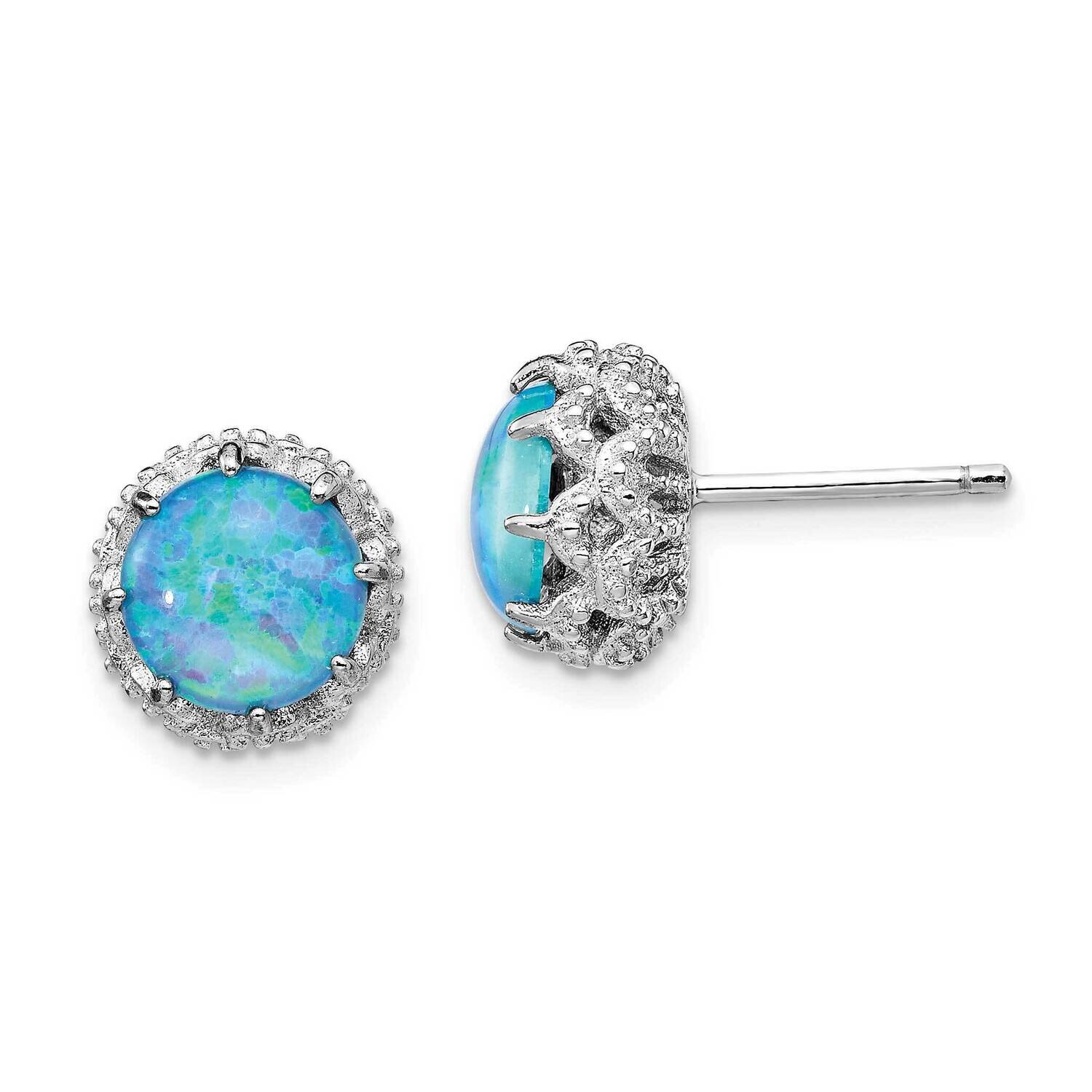 Created Blue Opal Stud Earrings Sterling Silver Rhodium Plated QCM1389