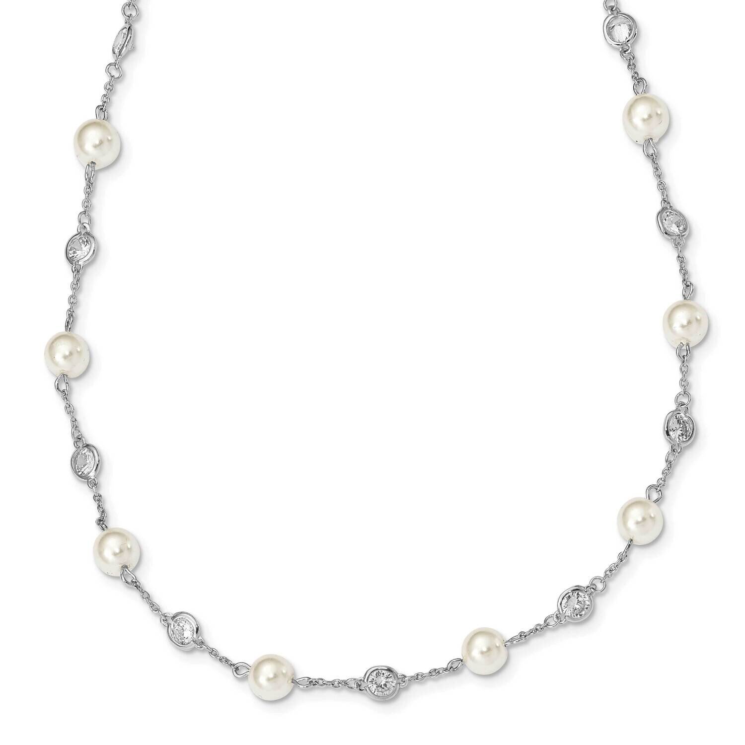 CZ Diamond &amp; Simulated Pearl Station 18.25 Inch Necklace Sterling Silver Rhodium Plated QCM1397-18.…