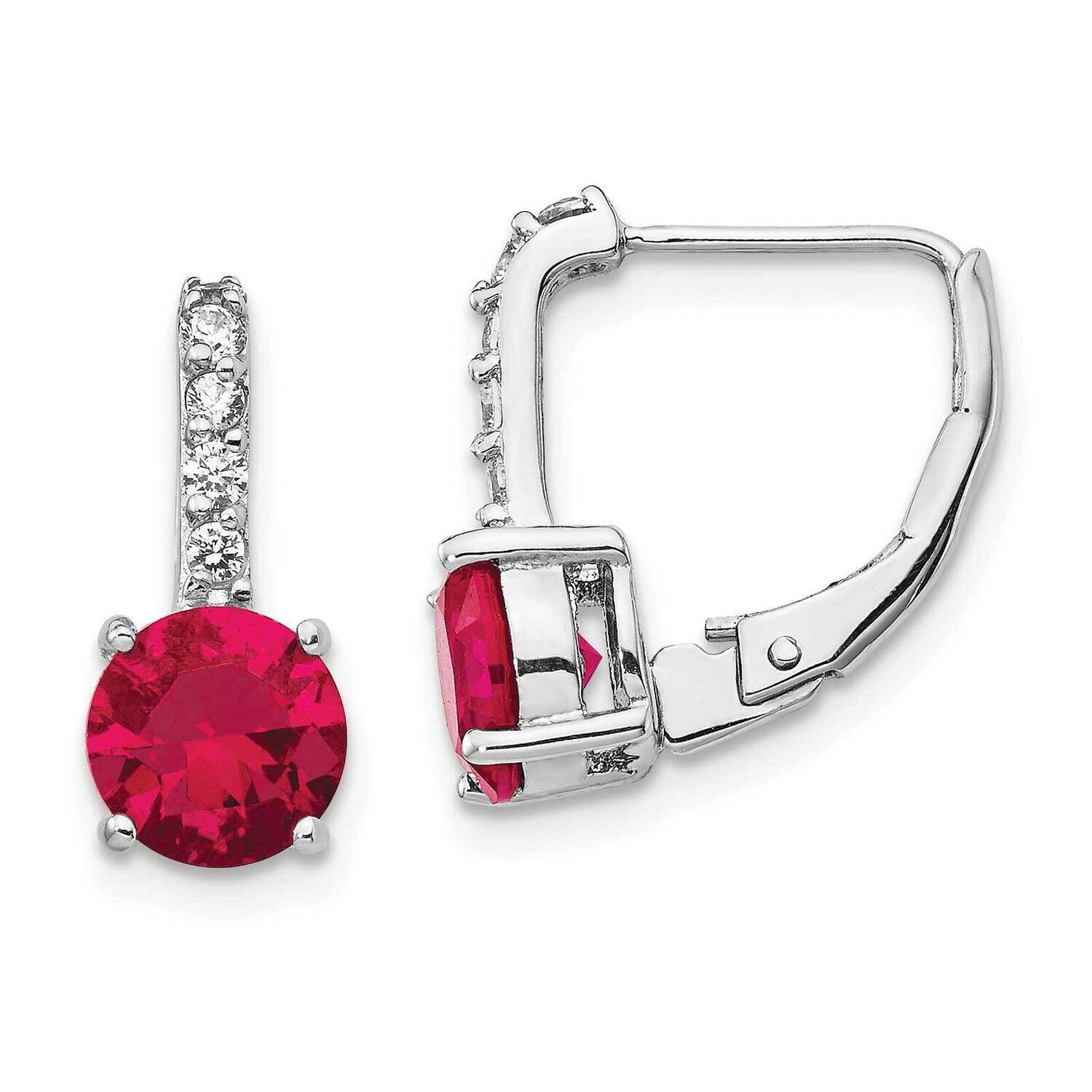 CZ Diamond &amp; Created Ruby Leverback Earrings Sterling Silver Rhodium Plated QCM1402