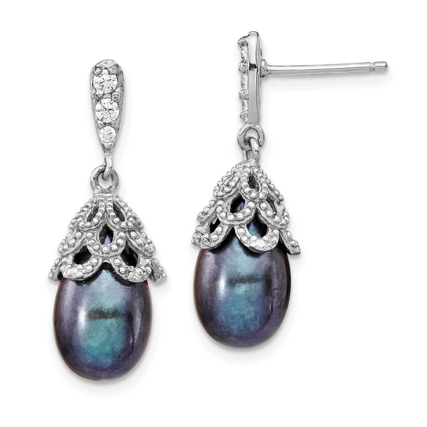 CZ Diamond &amp; FWC Black Drop Pearl Post Earrings Sterling Silver Rhodium-plated QCM1412, MPN: QCM141…