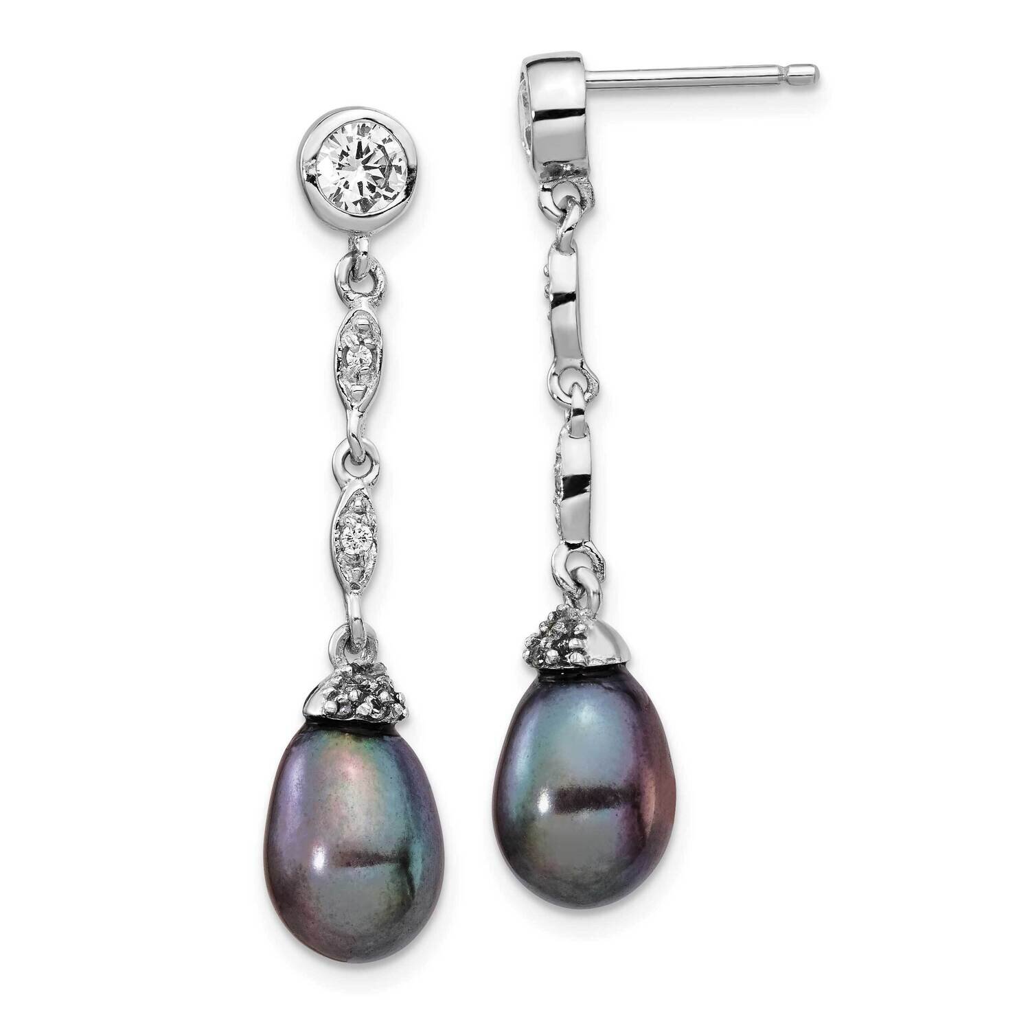 CZ Diamond &amp; FWC Black Drop Pearl Post Dangle Earrings Sterling Silver Rhodium Plated QCM1413