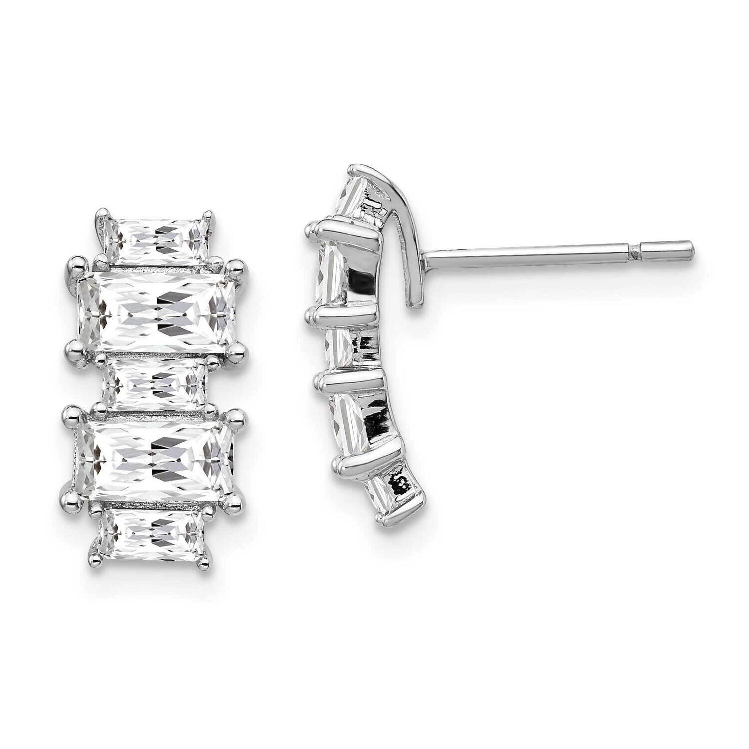 Emerald-cut CZ Diamond Post Earrings Sterling Silver Rhodium Plated QCM1420