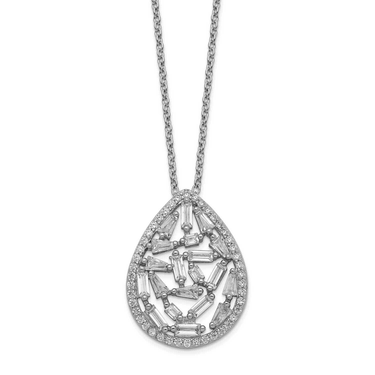 CZ Diamond Cluster Teardrop 18 Inch Necklace Sterling Silver Rhodium Plated QCM1424-18, MPN: QCM142…