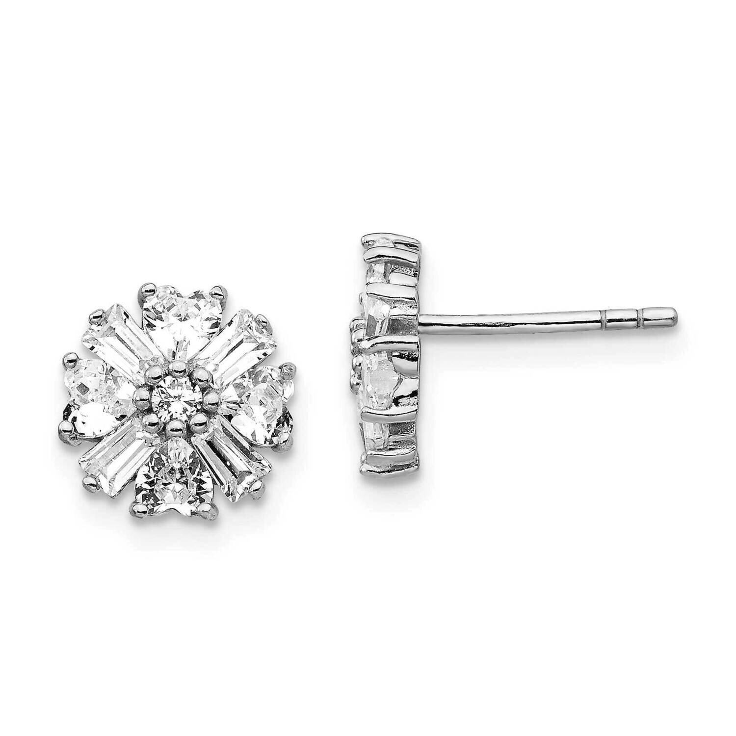 Emerald-cut &amp; Brilliant-cut CZ Diamond Post Earrings Sterling Silver Rhodium-plated QCM1426, MPN: Q…