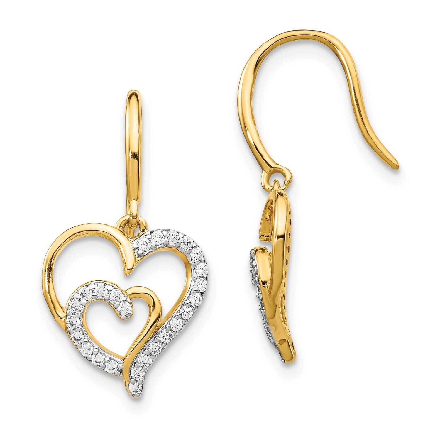 CZ Diamond Heart Shepherd Hook Earrings Sterling Silver Gold Plated QCM1428