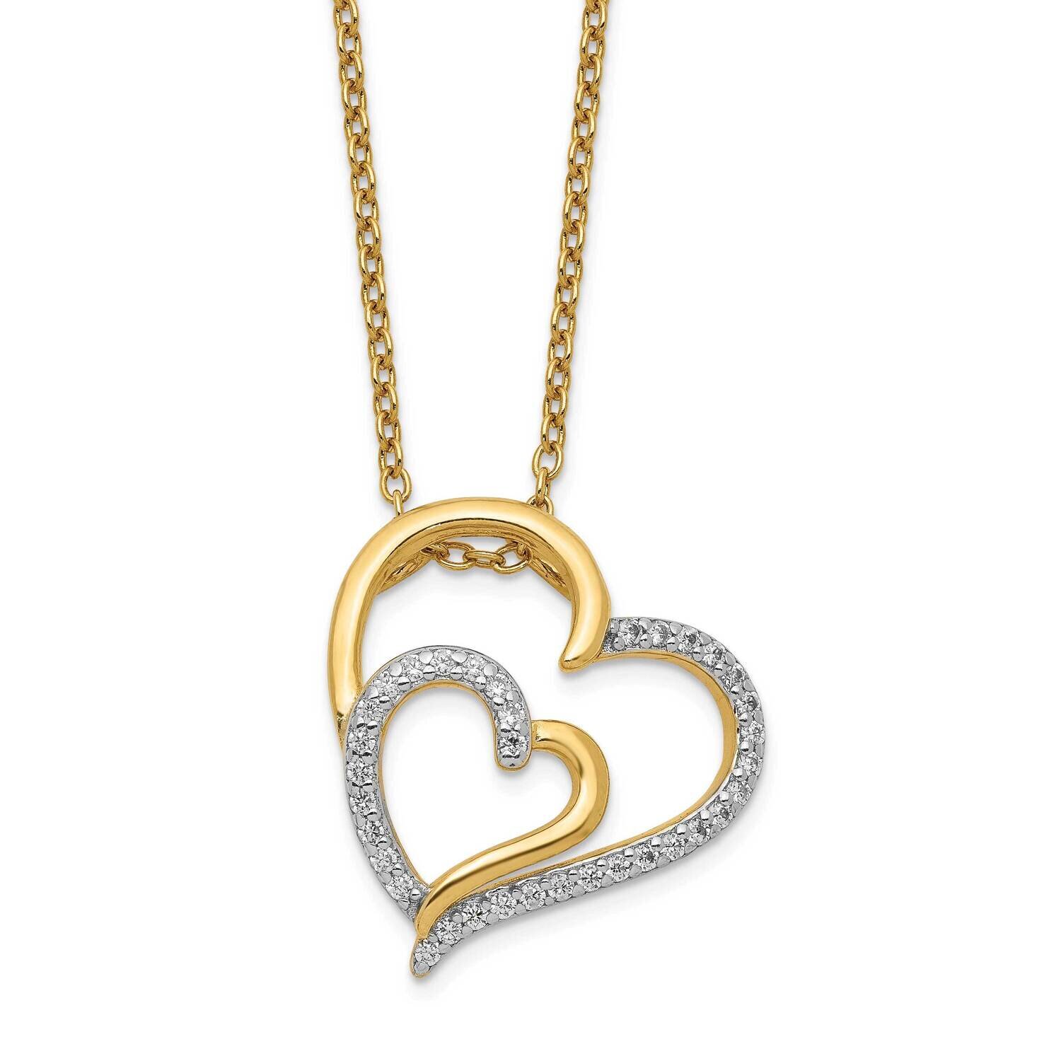 CZ Diamond Heart 18 Inch Necklace Sterling Silver Gold Plated QCM1429-18