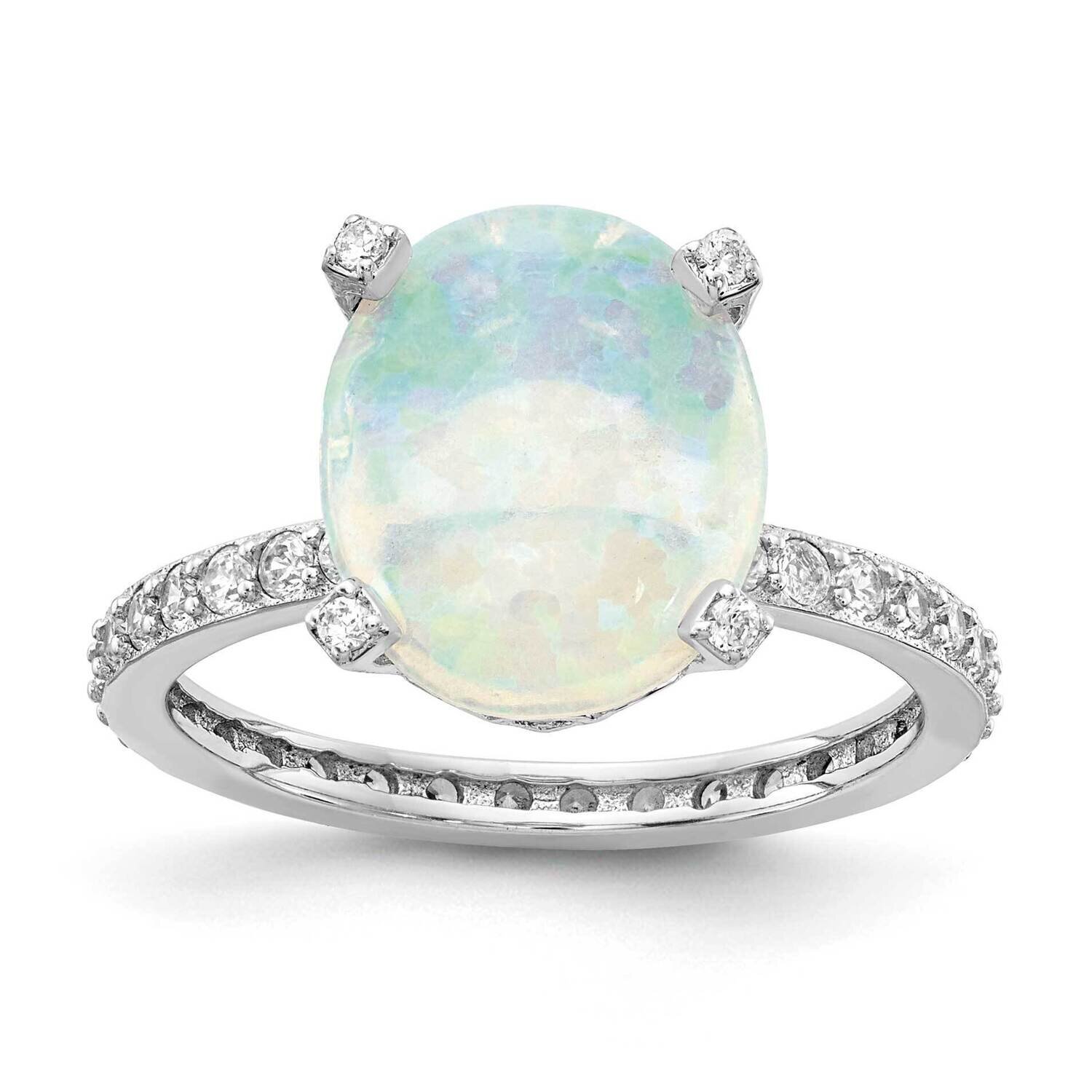 CZ Diamond &amp; Created White Opal Ring Sterling Silver Rhodium Plated QCM1449, MPN: QCM1449, 88395777…