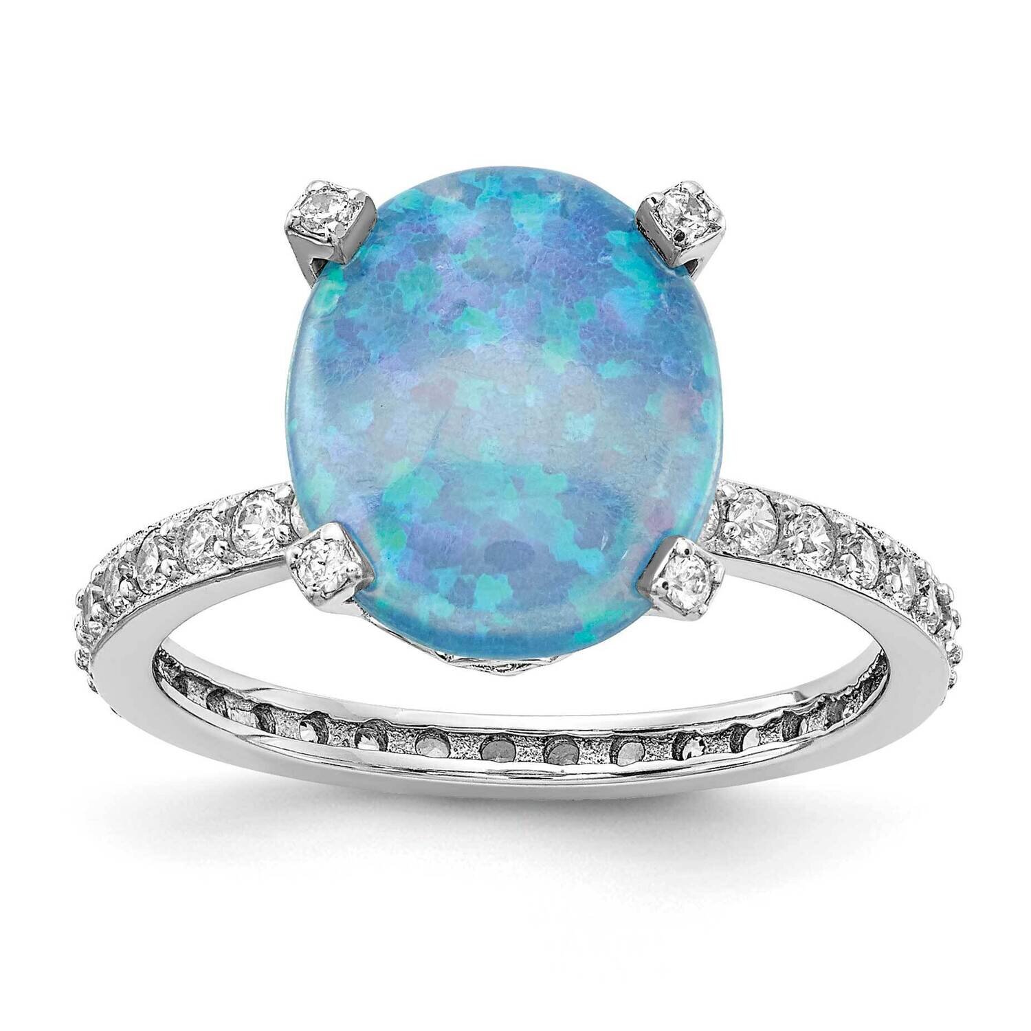 CZ Diamond &amp; Created Blue Opal Ring Sterling Silver Rhodium Plated QCM1450, MPN: QCM1450, 191101912…