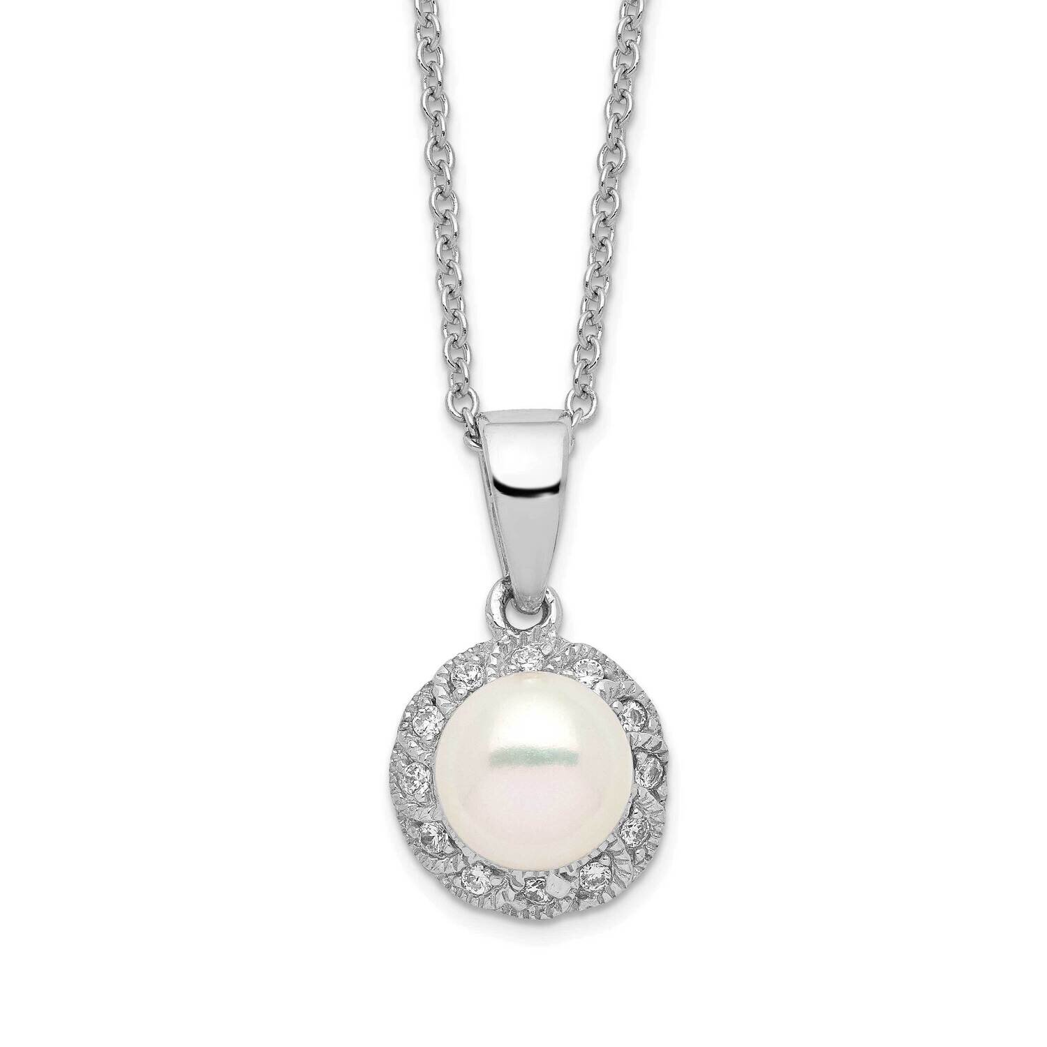 CZ Diamond & White FWC Pearl 18 Inch Necklace Sterling Silver Rhodium Plated QCM285-18