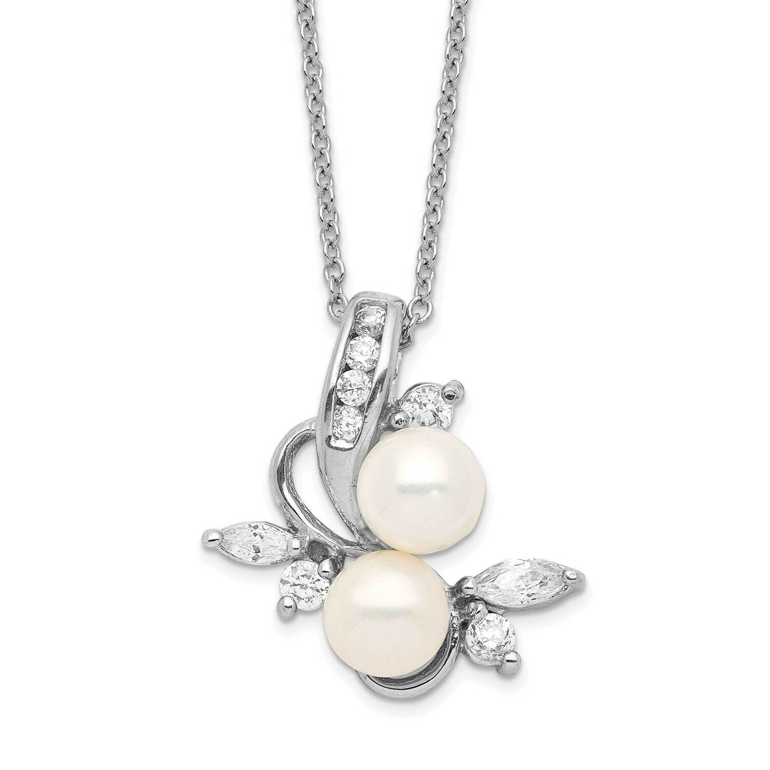 CZ Diamond &amp; White FWC Pearl Leaves 18 Inch Necklace Sterling Silver Rhodium-plated QCM292-18