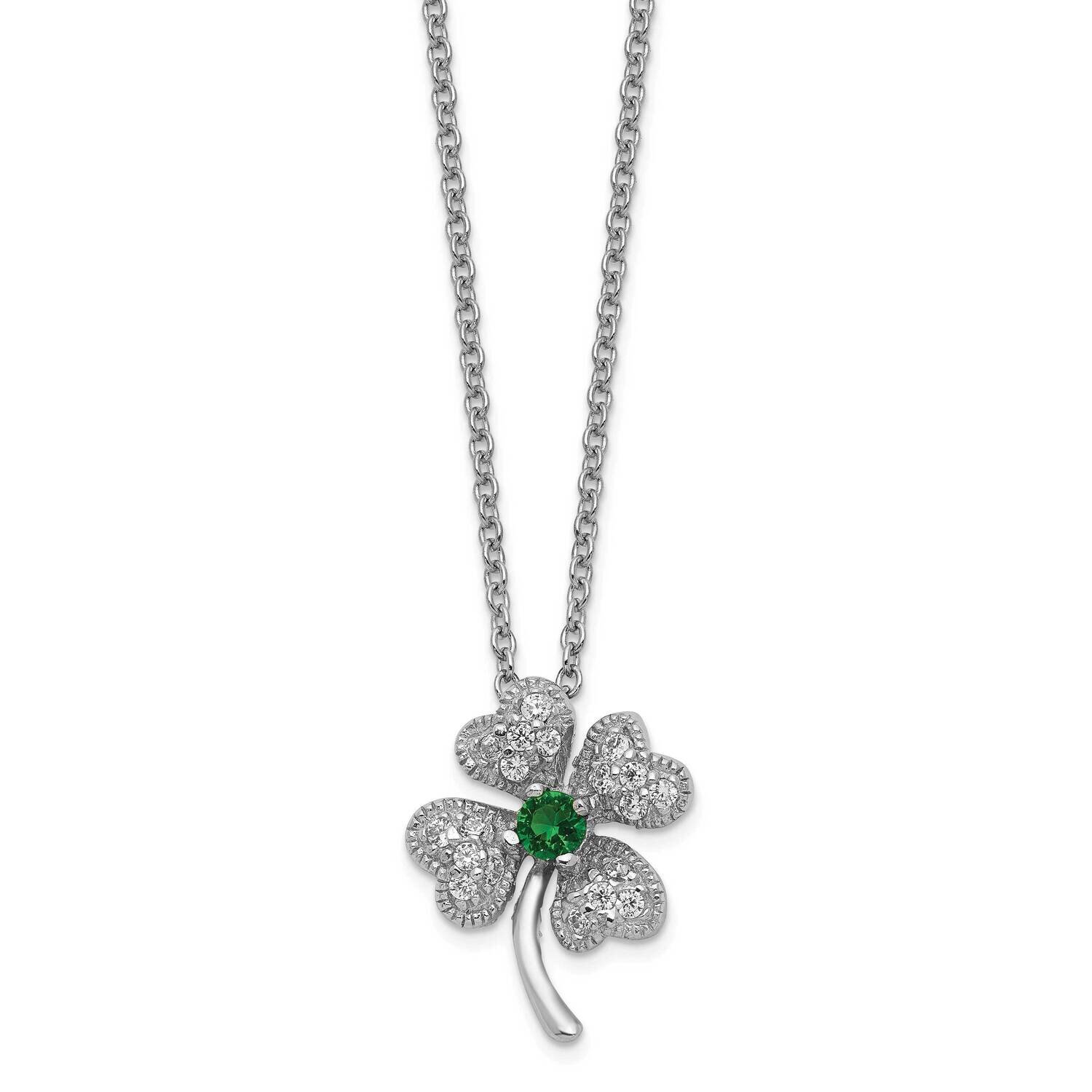 Child&#39;s Sim.Emerald CZ Diamond 4-leaf Clover 15 Inch Necklace Sterling Silver Rhodium Plated QCM368…