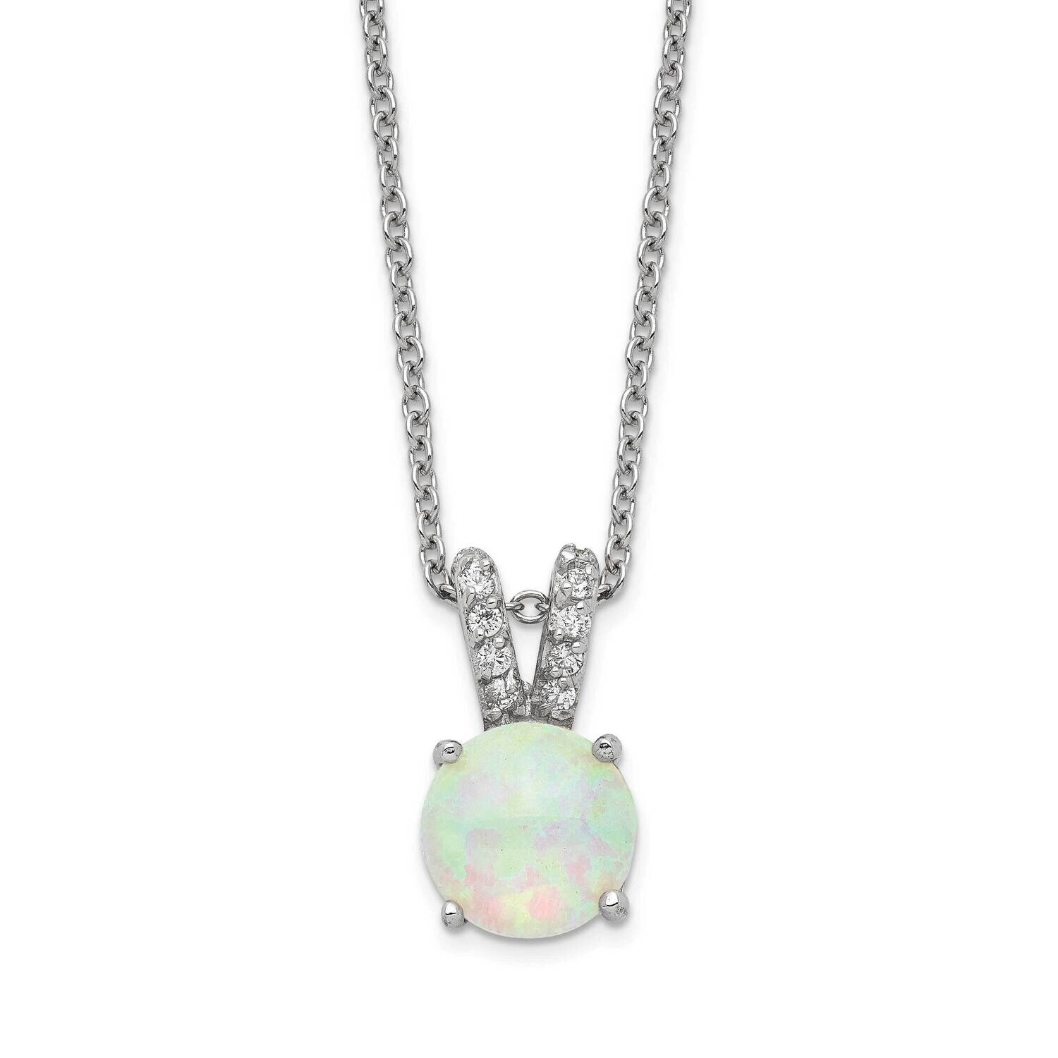 Lab Created Opal Cabochon & CZ Diamond 18 Inch Necklace Sterling Silver Rhodium Plated QCM376-18
