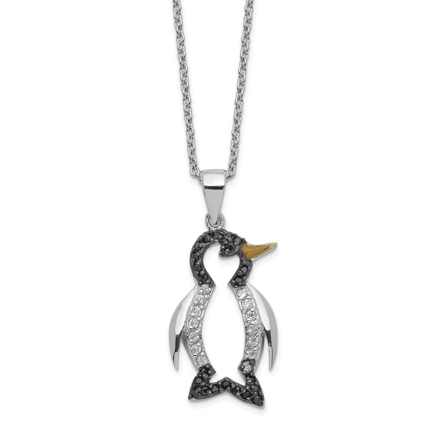 Enameled CZ Diamond Penguin 18 Inch Necklace Sterling Silver Rhodium Plated QCM596-18, MPN: QCM596-…