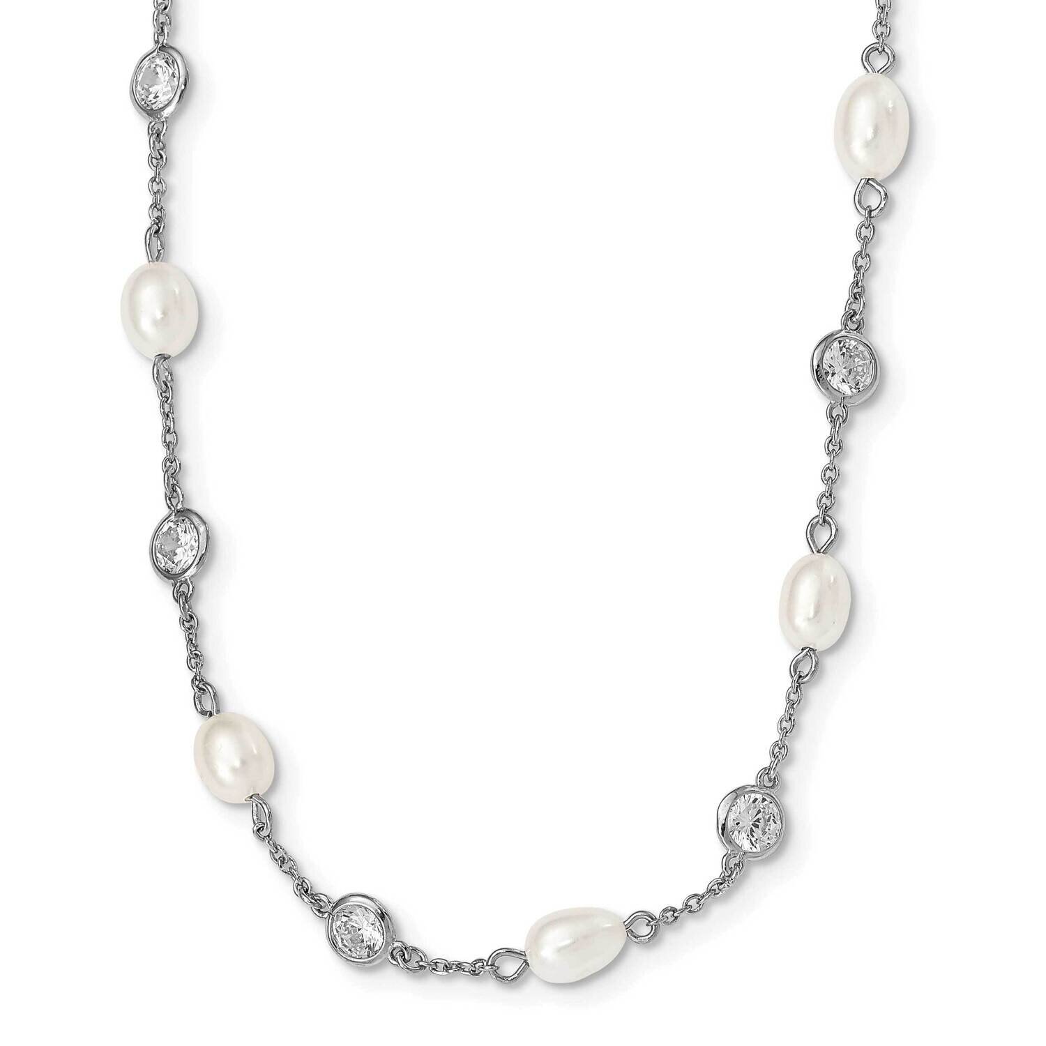 CZ Diamond & FWC Pearl Station 36 Inch Necklace Sterling Silver Rhodium Plated QCM728-36