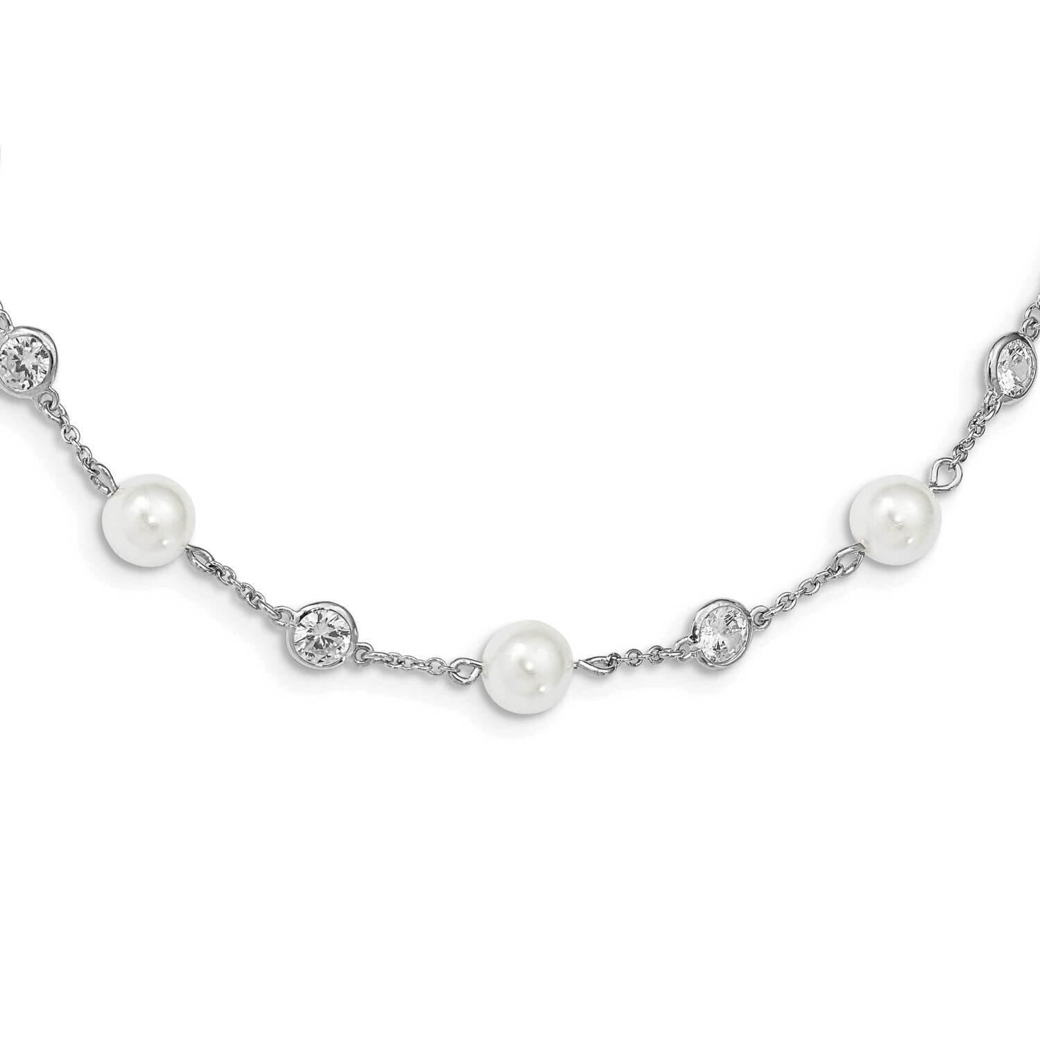 CZ Diamond &amp; Simulated Pearl Station 36 Inch Necklace Sterling Silver Rhodium-plated QCM729-36, MPN…