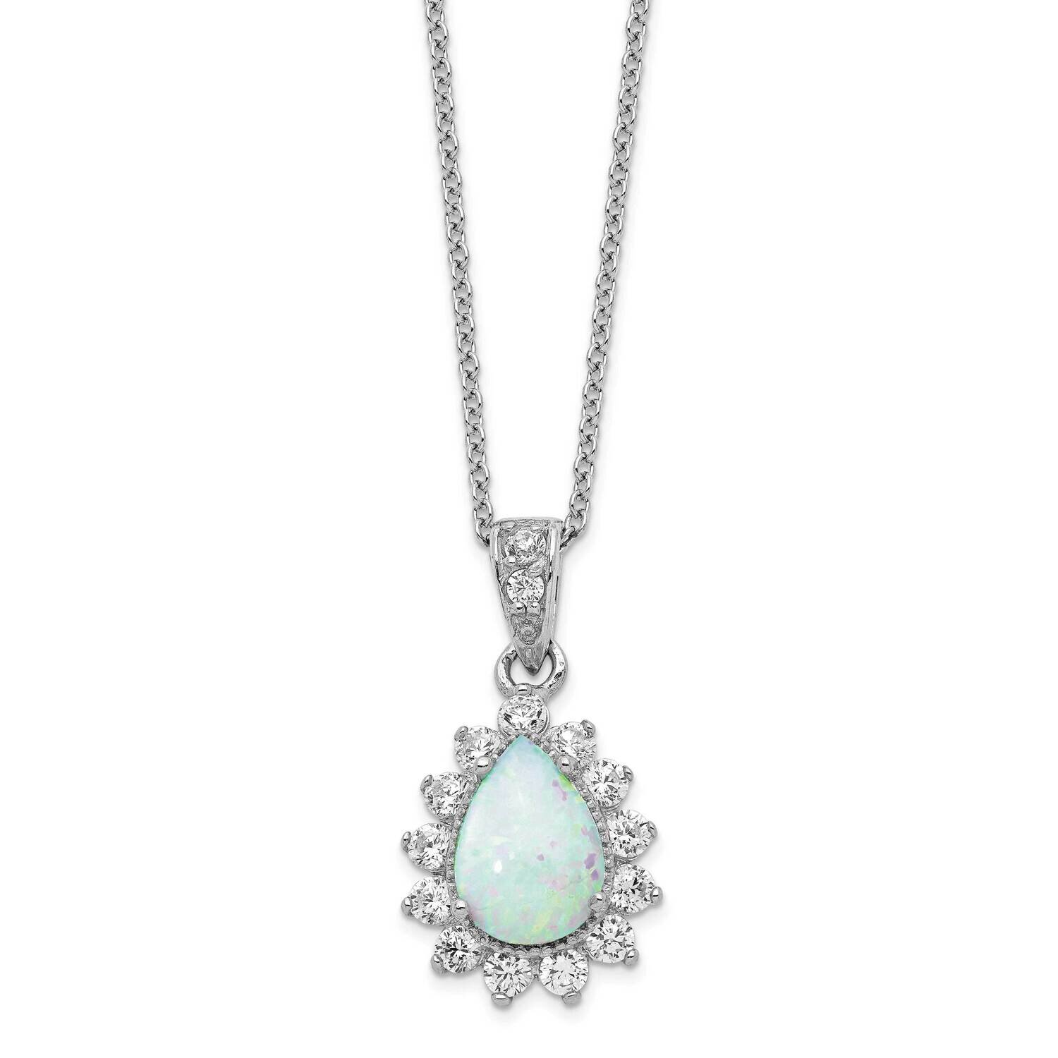 CZ Diamond & Created Opal Pear Shaped 18 Inch Necklace Sterling Silver Rhodium Plated QCM784-18