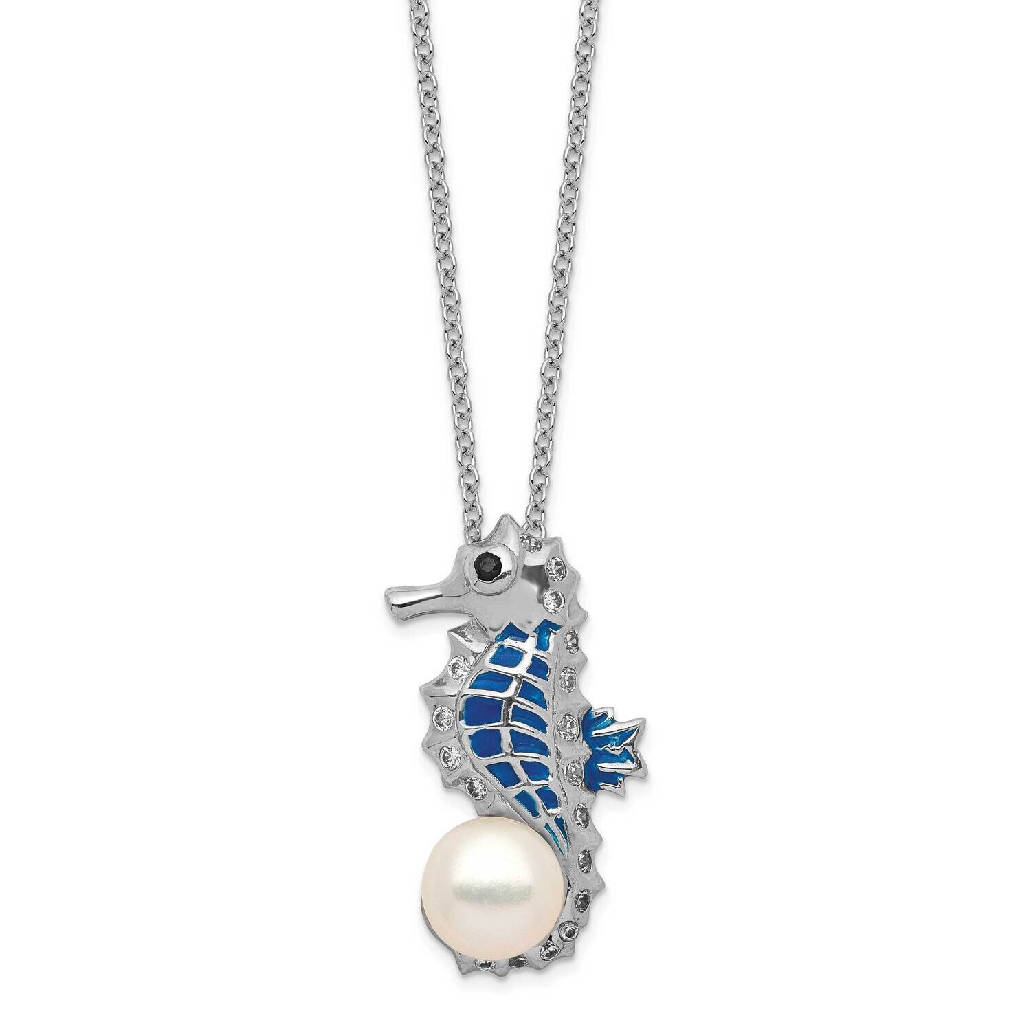 CZ Diamond &amp; FWC Pearl Enamel Seahorse 18 Inch Necklace Sterling Silver Rhodium Plated QCM857-18, M…